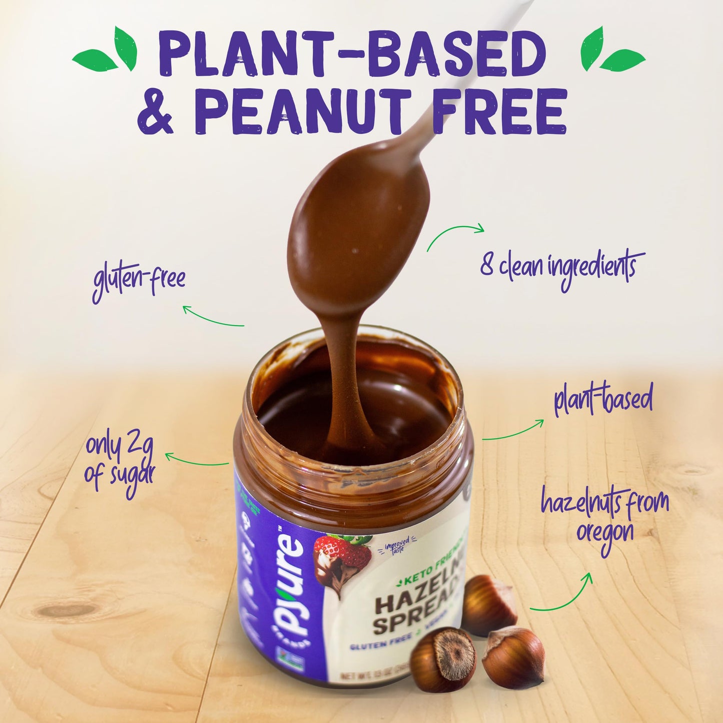 Pyure Keto Hazelnut Chocolate Spread | Sugar-Free, Low Carb, Vegan Nutella Alternative | 2g Net Carbs, Gluten-Free, Peanut-Free, Plant-Based, Non-GMO