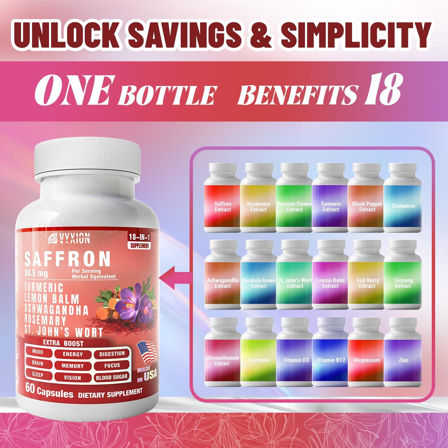 Vyxion 18-in-1 Saffron Supplements, Extract 88.5mg Saffron Support for Energy & Mood, Eye Health, Turmeric & Ashwagandha, 1 Month Supply, 60 Capsules