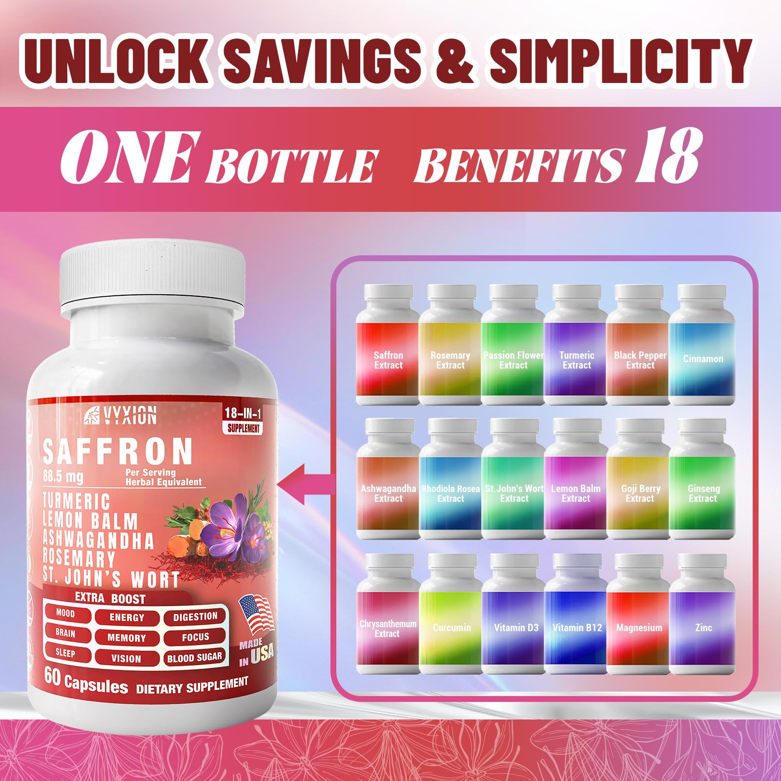 Vyxion 18-in-1 Saffron Supplements, Extract 88.5mg Saffron Support for Energy & Mood, Eye Health, Turmeric & Ashwagandha, 1 Month Supply, 60 Capsules