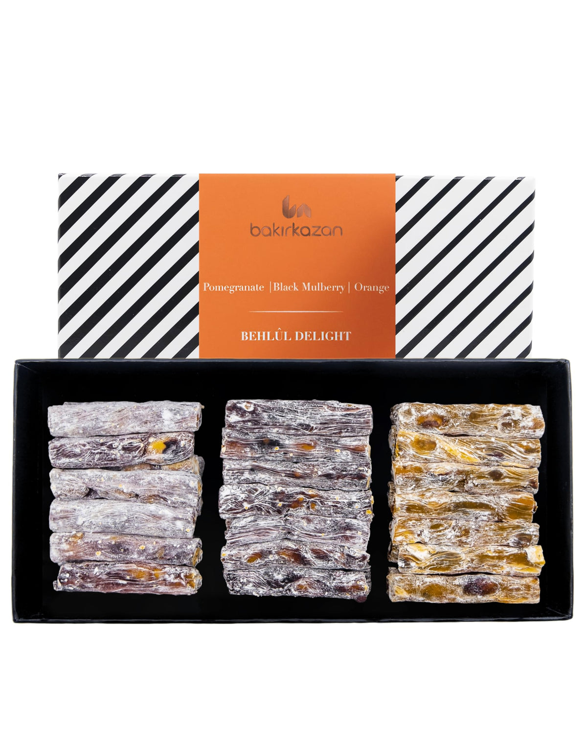 Turkish Delight Behlul by BAKIRKAZAN, Turkish Twist Delights 36 piece Candy 8.8 oz, w/ 3 Flavors: Pomegranate , Black Mulberry, Orange, Luxury Food