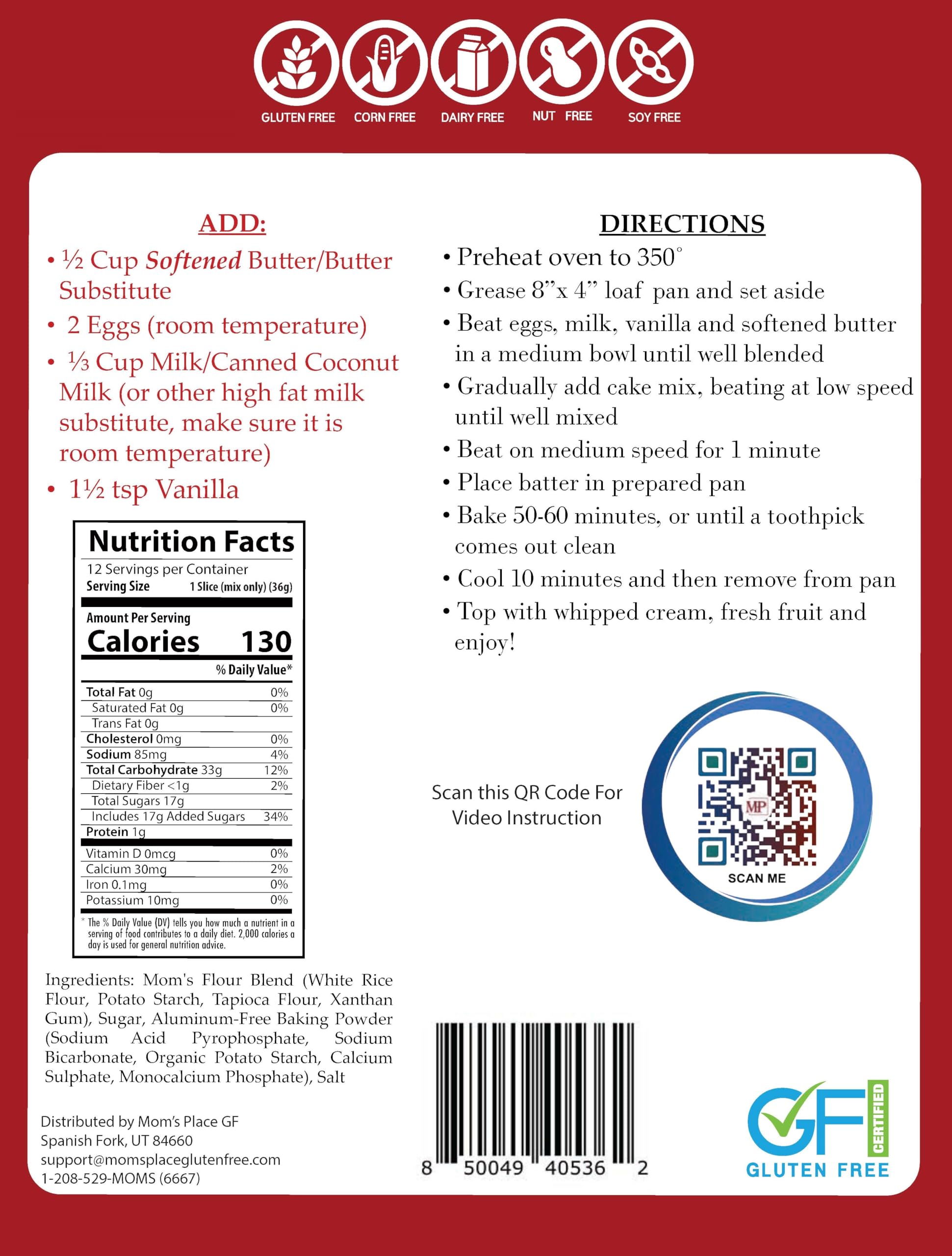 Mom's Place Gluten-Free Buttery Vanilla Pound Cake Mix, Nut Free, Dairy Free & Soy Free, Makes 12 Servings, Easy to Prepare 15.3 oz