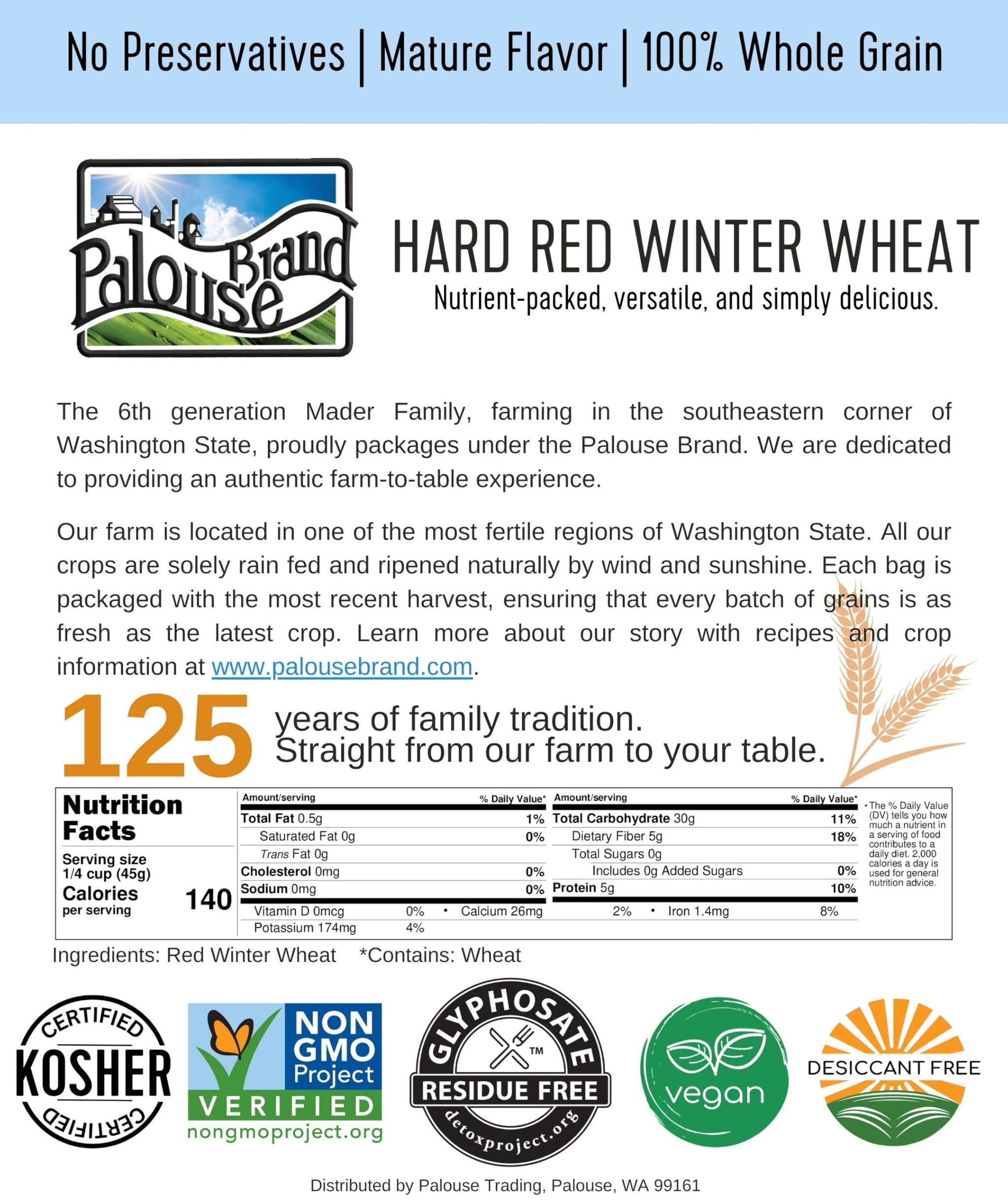 Palouse Brand Certified Glyphosate Residue Free Hard Red Winter Wheat Berries | 5 LBS | Family Farmed in Washington State | Non-GMO Project Verified | Certified Kosher Parve