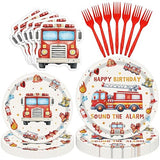 Herytem 100 Pcs Fire Truck Birthday Tableware Party Supplies - Disposable Firefighter Dinnerware Set with Paper Plates, Napkins, and Forks for Rescue