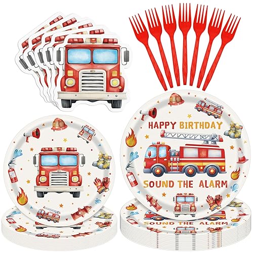 Herytem 100 Pcs Fire Truck Birthday Tableware Party Supplies - Disposable Firefighter Dinnerware Set with Paper Plates, Napkins, and Forks for Rescue