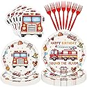 Herytem 100 Pcs Fire Truck Birthday Tableware Party Supplies - Disposable Firefighter Dinnerware Set with Paper Plates, Napkins, and Forks for Rescue