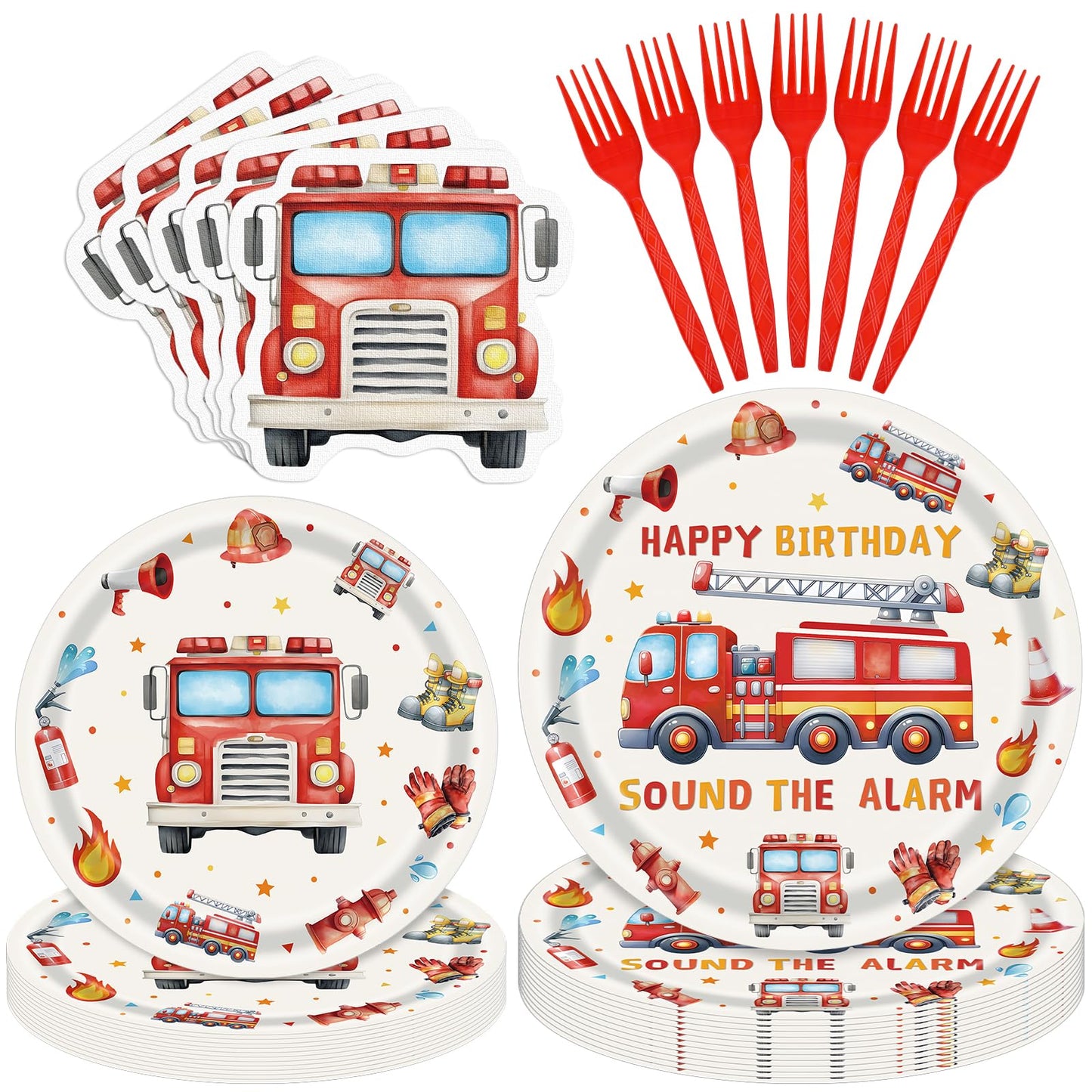 Herytem 100 Pcs Fire Truck Birthday Tableware Party Supplies - Disposable Firefighter Dinnerware Set with Paper Plates, Napkins, and Forks for Rescue