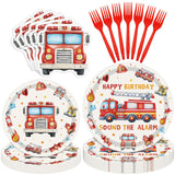 Herytem 100 Pcs Fire Truck Birthday Tableware Party Supplies - Disposable Firefighter Dinnerware Set with Paper Plates, Napkins, and Forks for Rescue