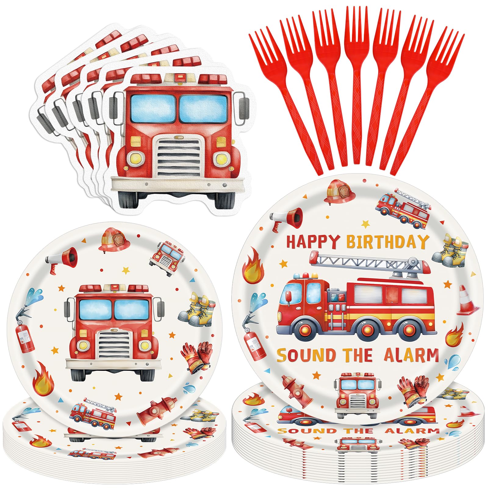 Herytem 100 Pcs Fire Truck Birthday Tableware Party Supplies - Disposable Firefighter Dinnerware Set with Paper Plates, Napkins, and Forks for Rescue