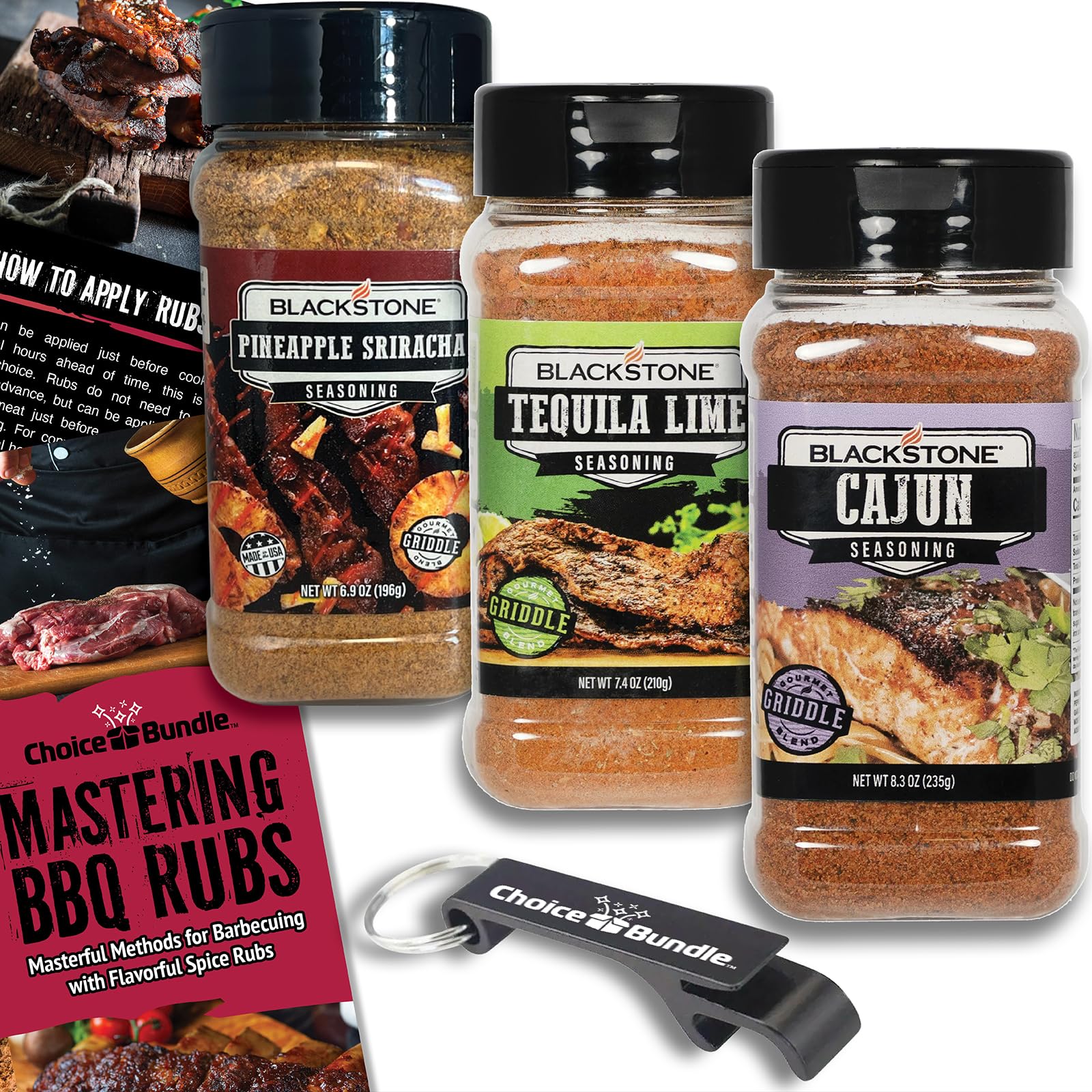 Blackstone Cajun, Pineapple Sriracha, Tequila Lime Seasoning - Gourmet Griddle Premium BBQ Barbecue Rub 3 Pk Choice Bundle (22.6 oz) + BBQ Guide