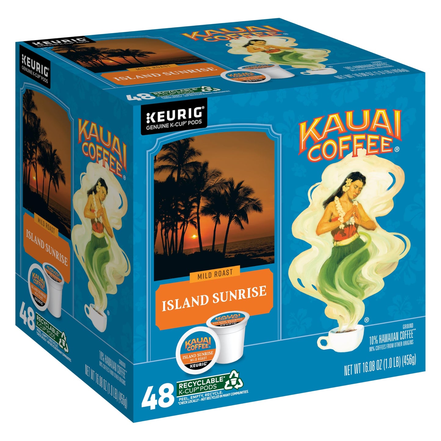 Kauai Coffee K-Cup Pods for Keurig Brewers - Arabica Coffee, 10% Hawaiian - Mild Roast, Light with Bright Aroma - Island Sunrise, 1 Pack of 48 Single