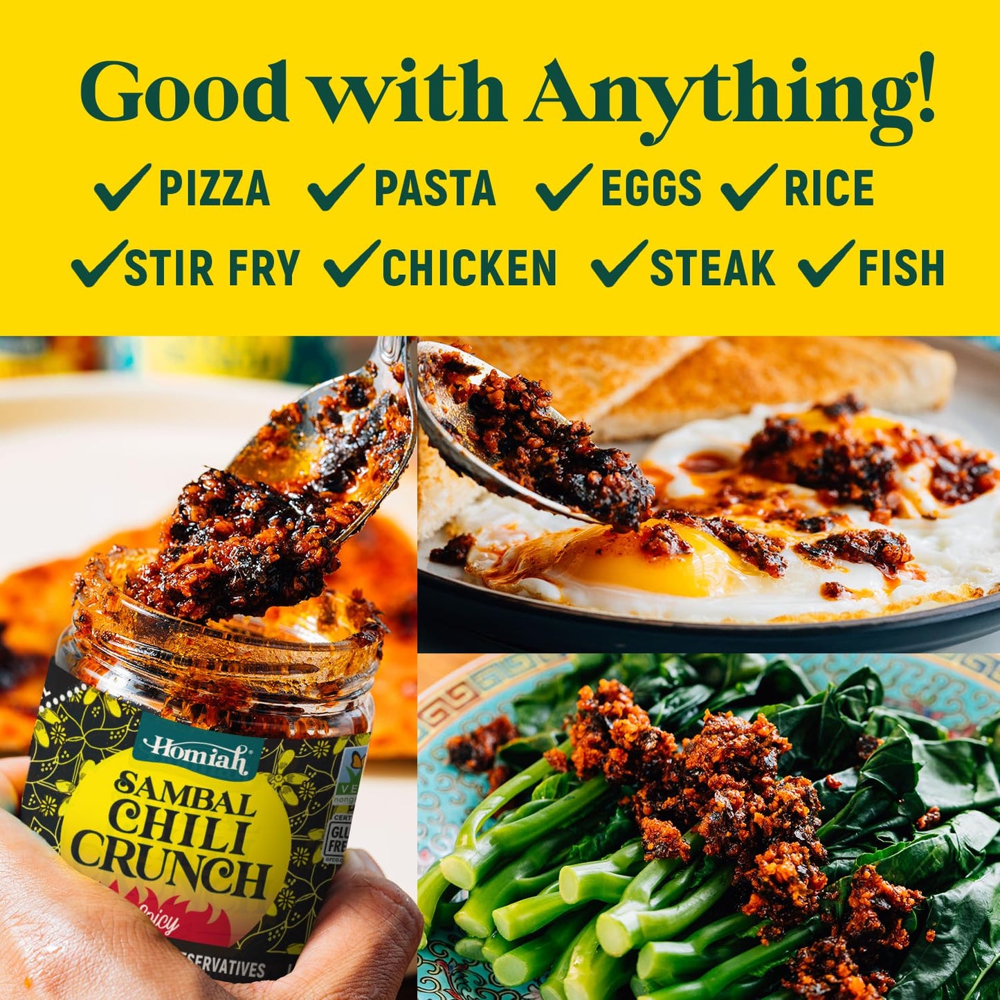 Homiah Sambal Chili Crunch, 6oz - Less Oil Low Sodium Gluten Free, Sambal Oelek Chili Paste, Crispy Hot Crunch Topping - Spicy