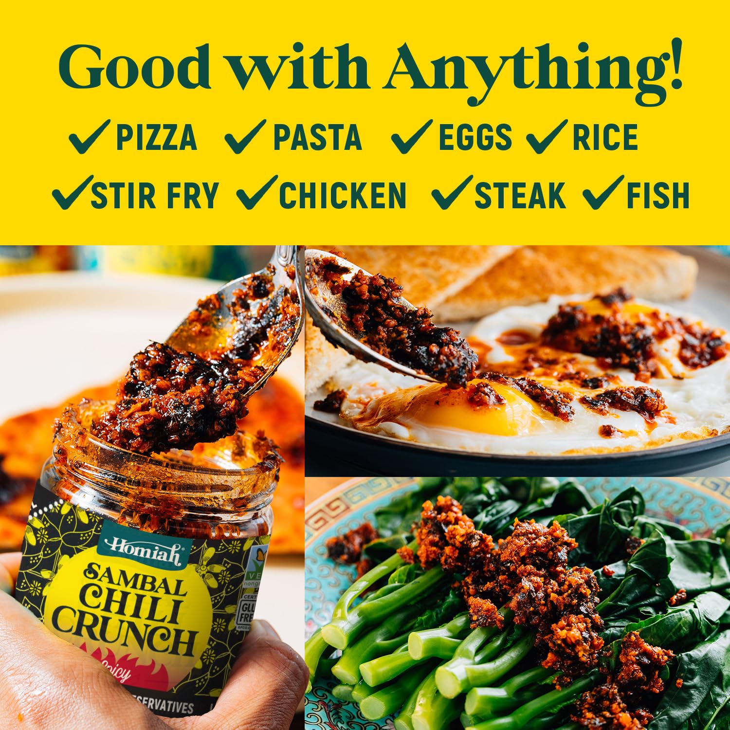 Homiah Sambal Chili Crunch, 6oz - Less Oil Low Sodium Gluten Free, Sambal Oelek Chili Paste, Crispy Hot Crunch Topping - Spicy