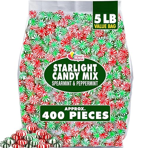 A Great Surprise Starlight Mints Bulk - 5 Pounds - Refreshing Mint Candy Individually Wrapped - Spearmint and Peppermint Hard Candy - Office