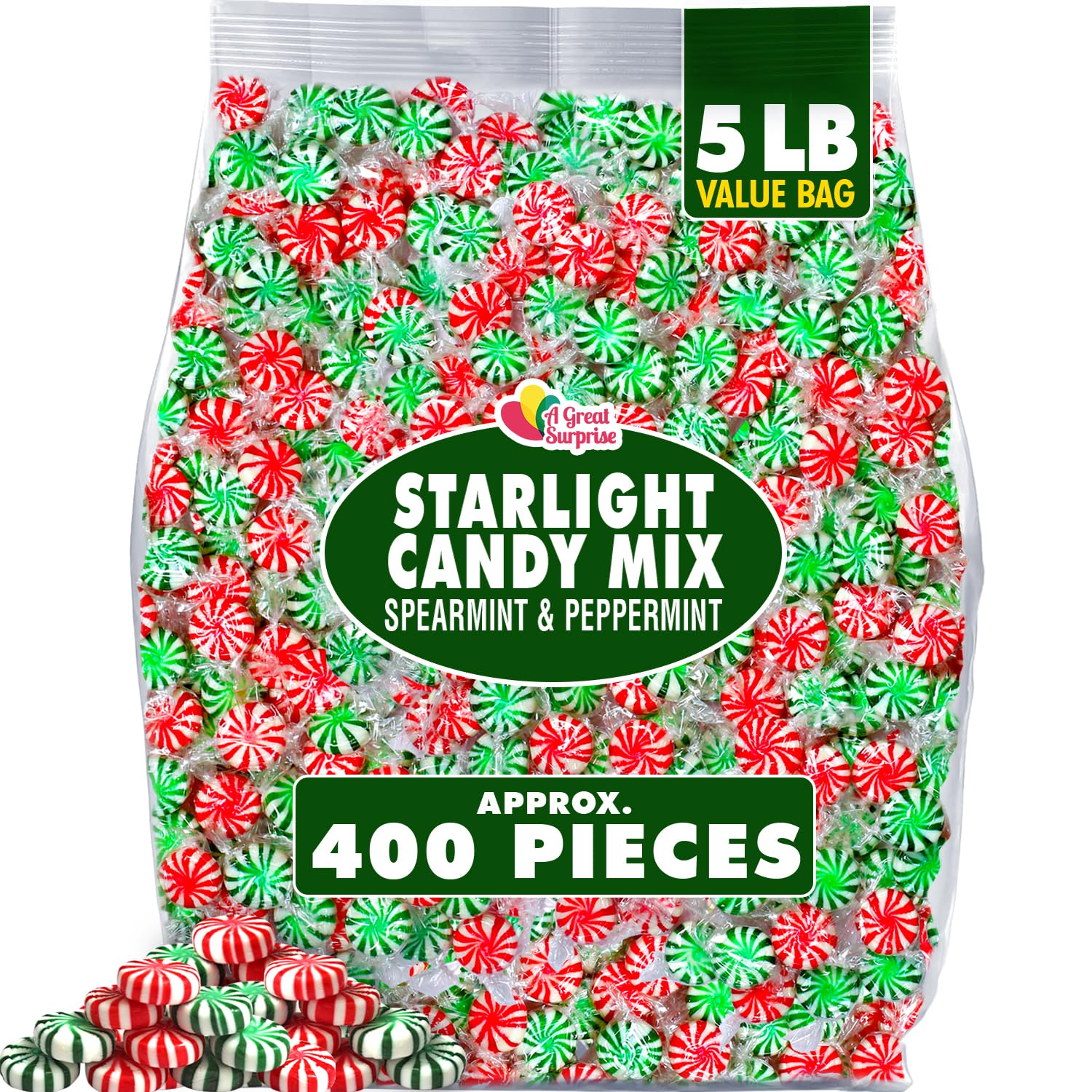 A Great Surprise Starlight Mints Bulk - 5 Pounds - Refreshing Mint Candy Individually Wrapped - Spearmint and Peppermint Hard Candy - Office