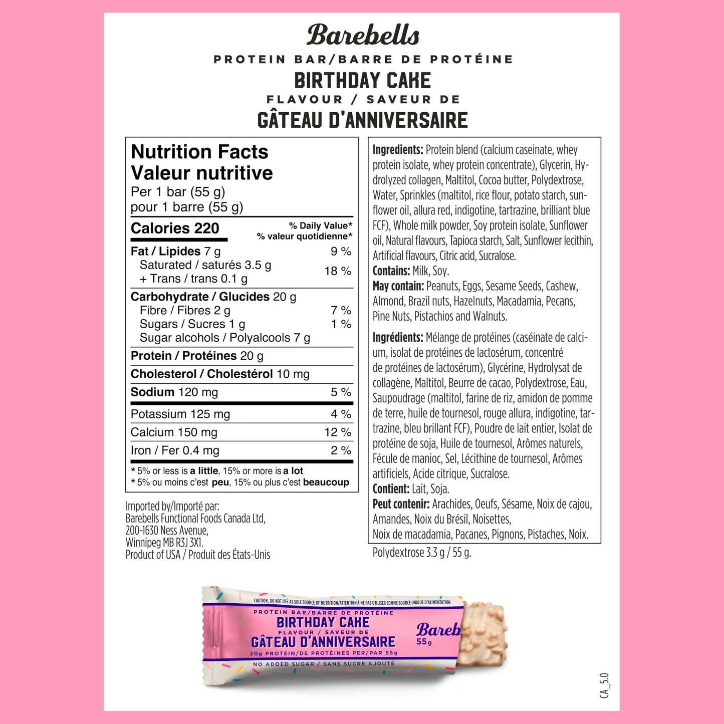 Barebells Protein Bar - 55g, Box of 12 Units | Birthday Cake Flavor, 20g Protein, No Added Sugar, Collagen, Crispy and Creamy Texture