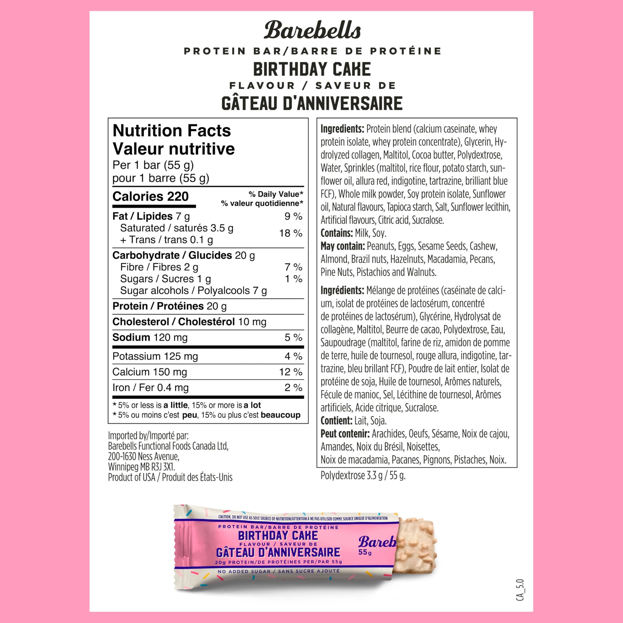 Barebells Protein Bar - 55g, Box of 12 Units | Birthday Cake Flavor, 20g Protein, No Added Sugar, Collagen, Crispy and Creamy Texture
