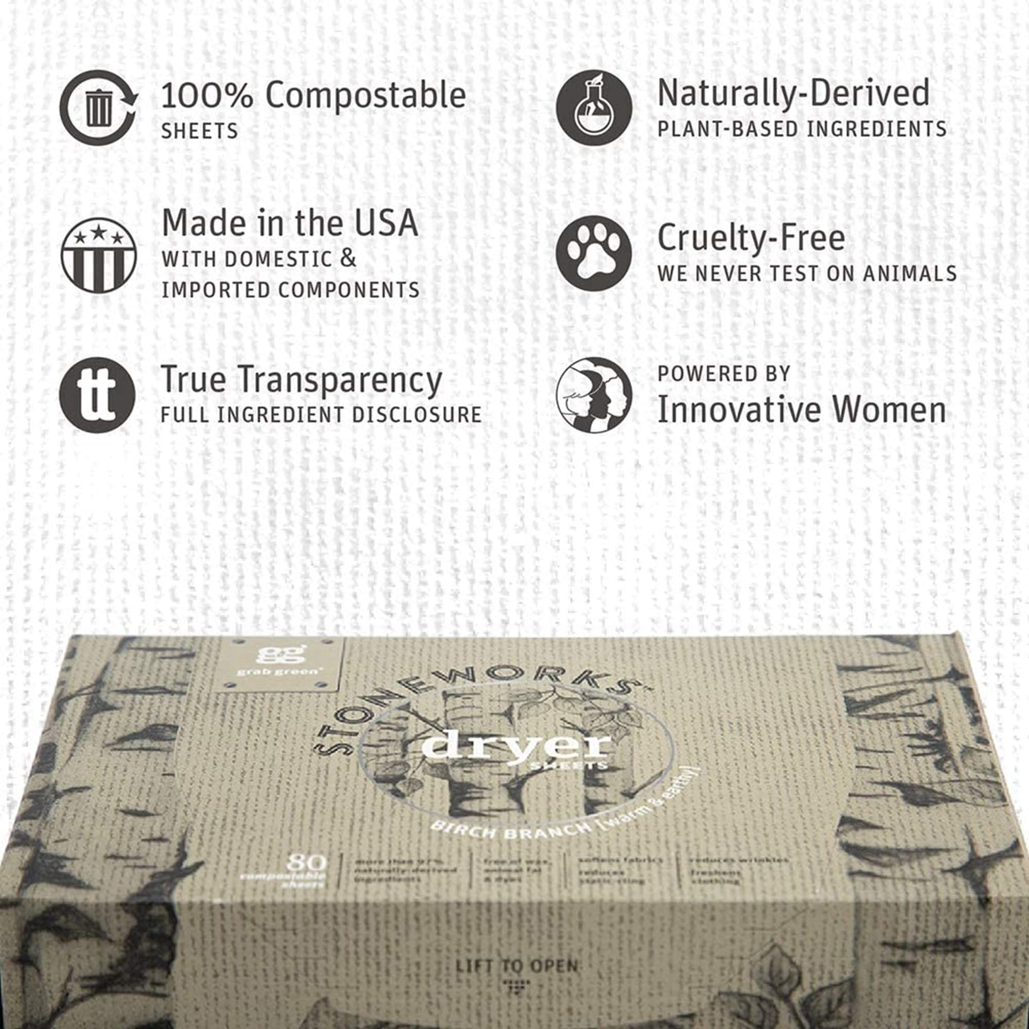 Grab Green Stoneworks Cruelty-Free Dryer Sheets | Softens Fabrics, Freshens Clothing & Reduces Static-Cling and Wrinkles | Plant Based | Birch Branch