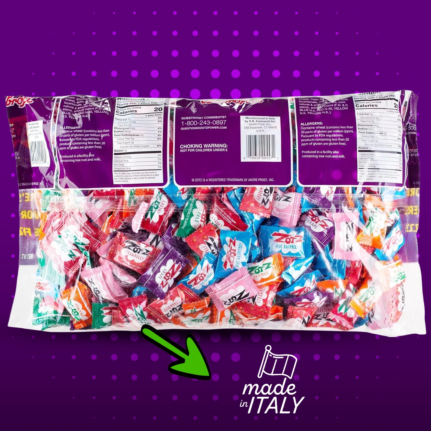 ZOTZ Fizzy Sour Candy Bulk - Retro Italian Hard Candy Individually Wrapped - Classic Nostalgic Assorted Flavors Cherry, Watermelon, Strawberry, Blue