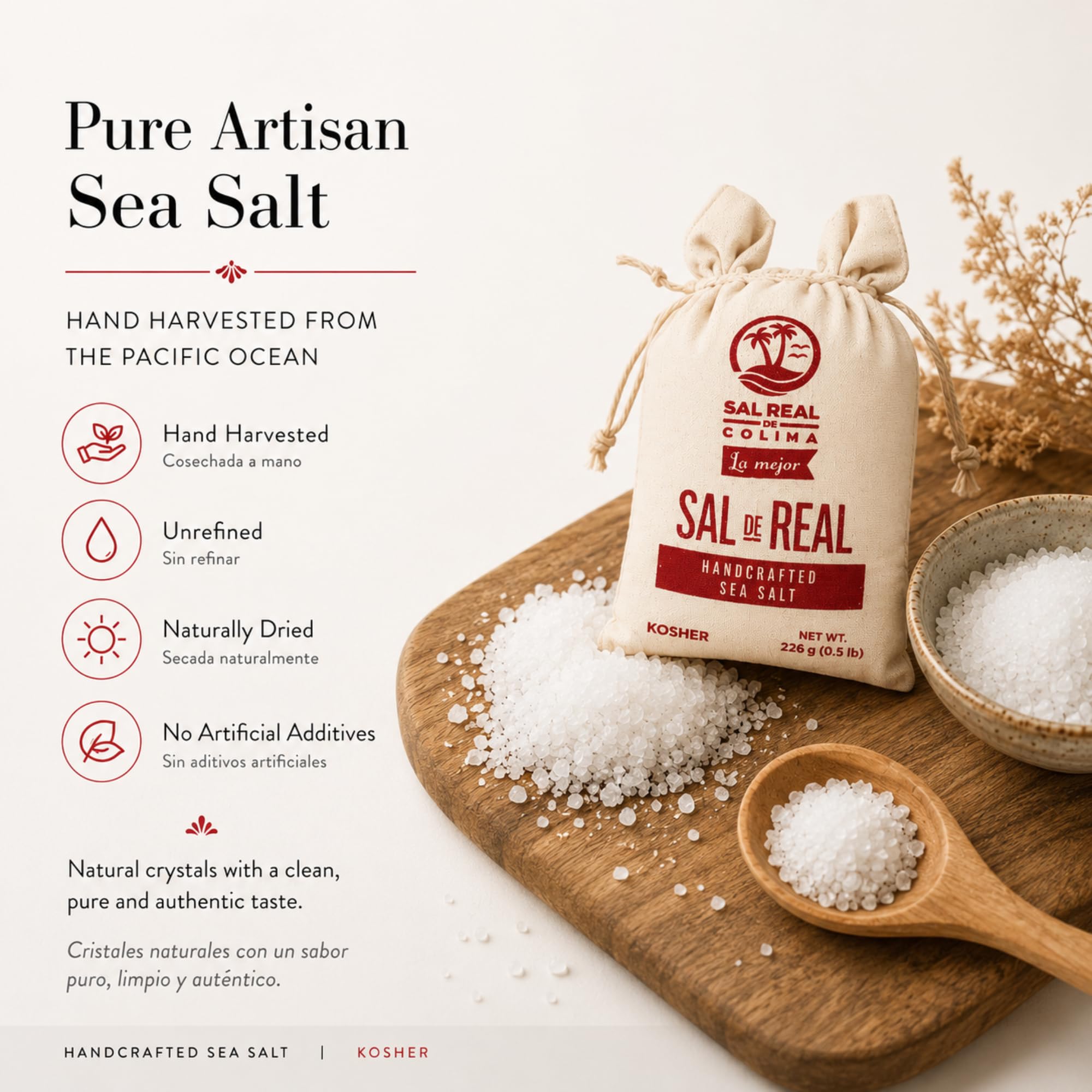 Sal de Colima Handcrafted Sea Salt Kosher 226g (0.5 lb) | Sal de Mar Artesanal Mexicana Natural | Gourmet Cooking Salt, Mineral Rich, Unrefined Sea