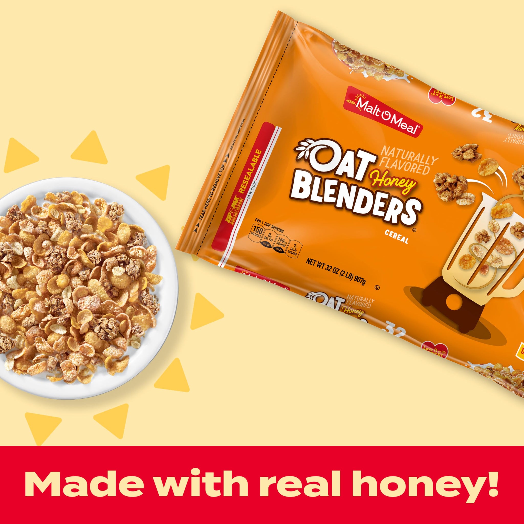 Malt-O-Meal Honey and Oat Blenders Kids Breakfast Cereal, Family Size Bulk, 32 oz Bag