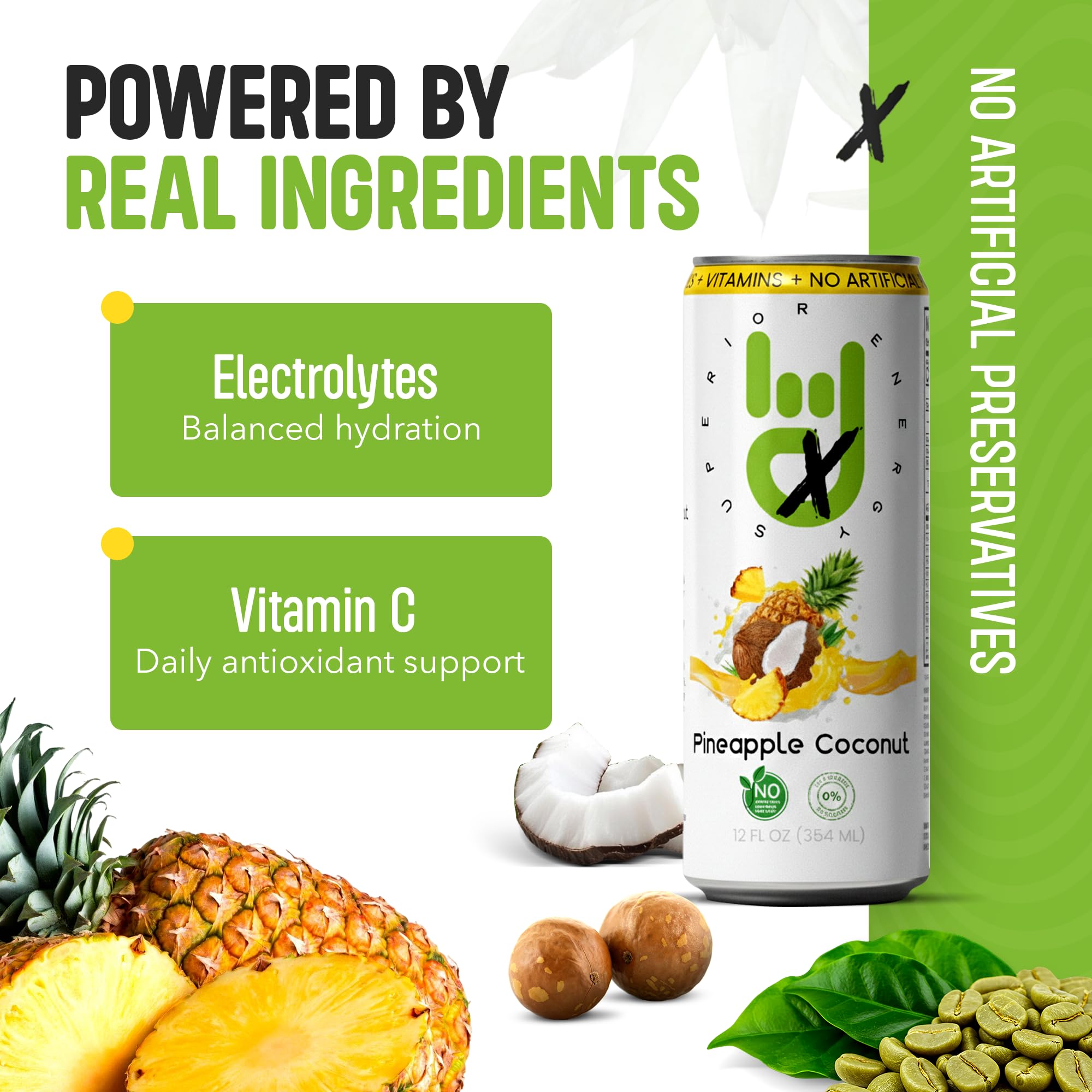 Superior Energy Electrolytes Drink Zero Calories - Energy Drink Zero Sugar - Pineapple Coconut Flavor, 90mg Natural Caffeine - Pack of 12 (12 fl oz