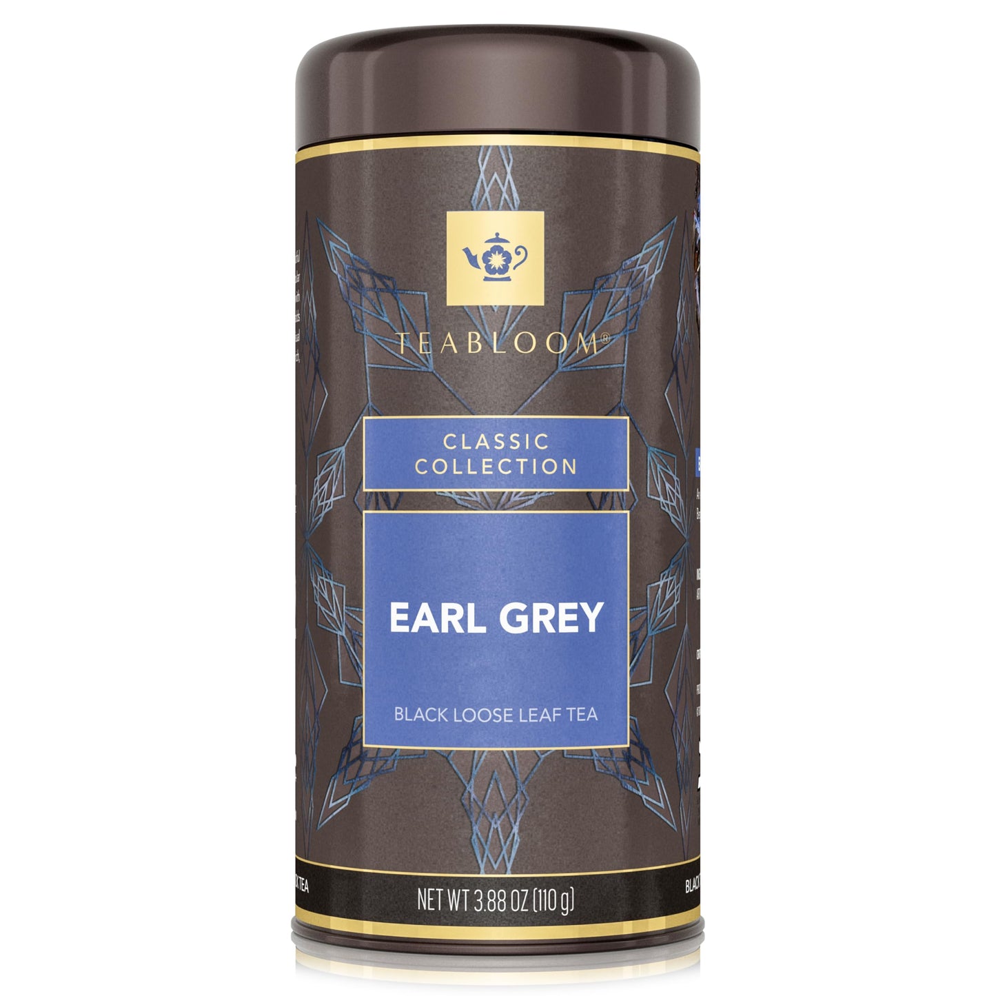 Teabloom Kosher Certified Earl Grey Loose Leaf Tea, Classic Assam Tea With Blue Cornflower Petals, 3.88 Ounce Canister Makes 35-50 Cups