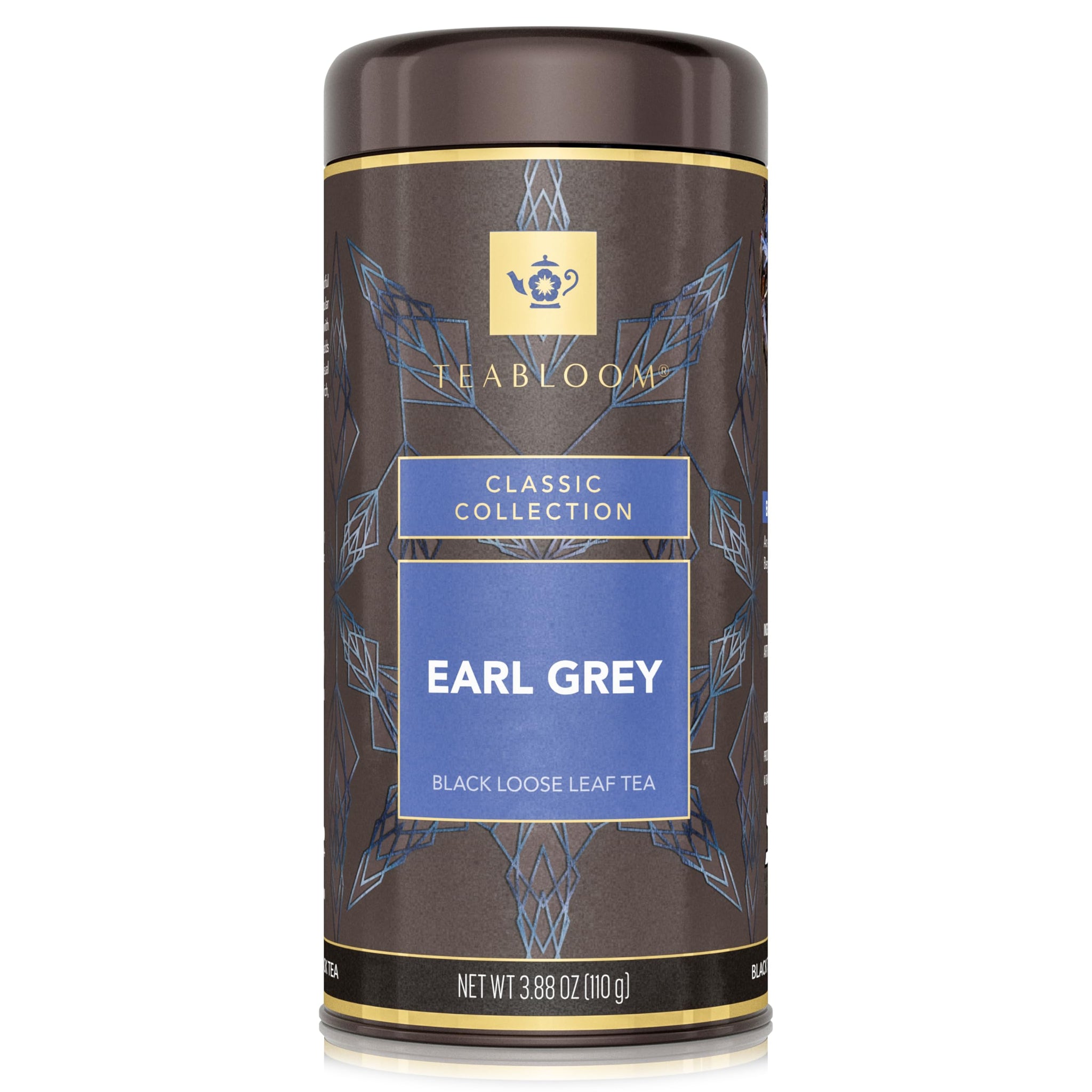 Teabloom Kosher Certified Earl Grey Loose Leaf Tea, Classic Assam Tea With Blue Cornflower Petals, 3.88 Ounce Canister Makes 35-50 Cups