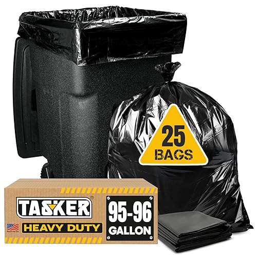 Tasker 95 Gallon Contractor Garbage Bags - 2 Mil Extra Heavy Duty Trash Bags - 96-100 Gallon Trash Can Liners, Industrial Trash Bags with Ties - 25