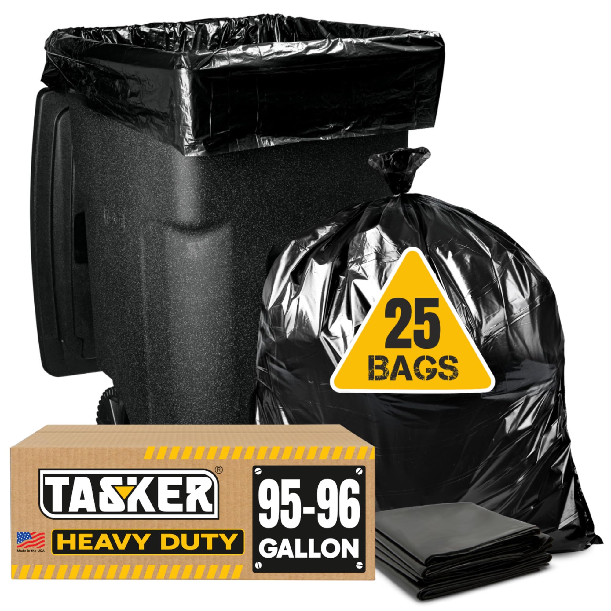 Tasker 95 Gallon Contractor Garbage Bags - 2 Mil Extra Heavy Duty Trash Bags - 96-100 Gallon Trash Can Liners, Industrial Trash Bags with Ties - 25