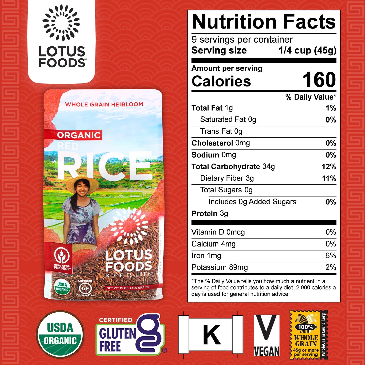Lotus Foods Organic Red Rice - Red Rice Organic, Rice Red, Whole Grain Rice, Long Grain Asian Sticky Rice, USDA Organic, Non-GMO, Gluten Free - 15 Oz Bag (Pack of 6)