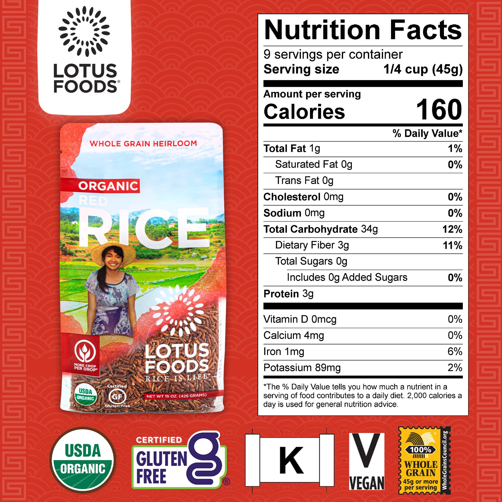 Lotus Foods Organic Red Rice - Red Rice Organic, Rice Red, Whole Grain Rice, Long Grain Asian Sticky Rice, USDA Organic, Non-GMO, Gluten Free - 15 Oz Bag (Pack of 6)