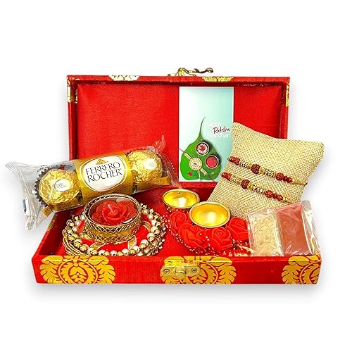 LoveNspire Rakhi Gift Hamper for Brother 2PC Rudraksha Rakhi with Candle Holder Haldi Kumkum Holder Roli Chawal Rakshabandhan Card Chocolates