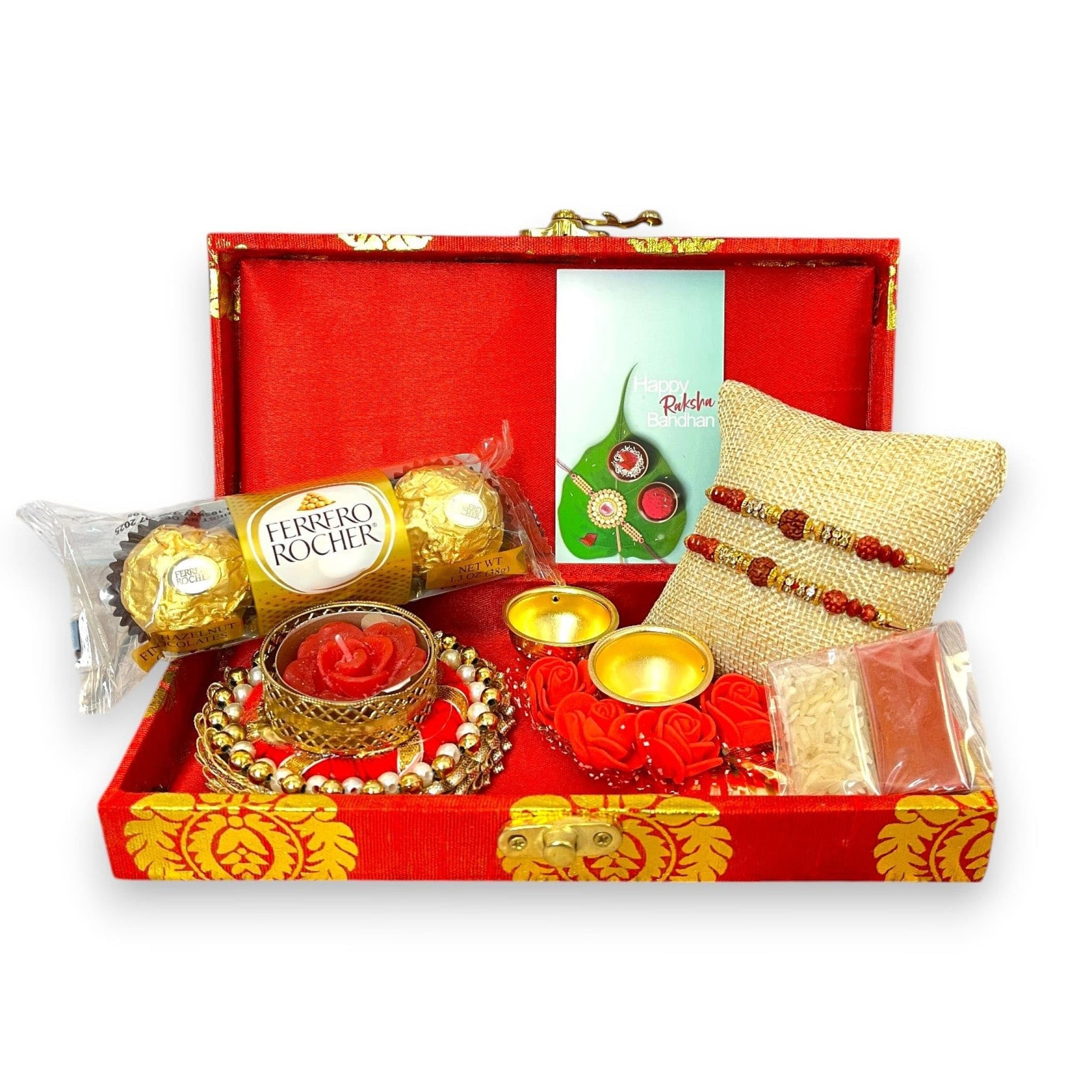 LoveNspire Rakhi Gift Hamper for Brother 2PC Rudraksha Rakhi with Candle Holder Haldi Kumkum Holder Roli Chawal Rakshabandhan Card Chocolates