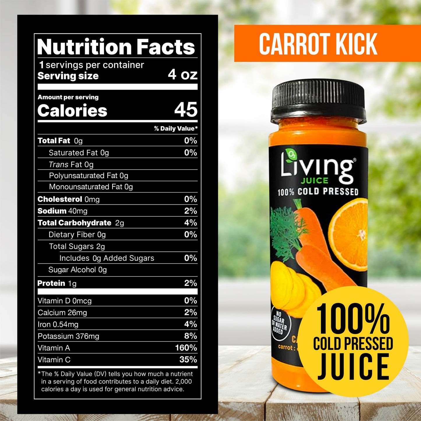O2 Living Juice Cold Pressed Drink - Carrot Kick Organic Juice Pack - No Added Sugars or Water, Naturally Sweetened from Fruits, Rich in Nutrients