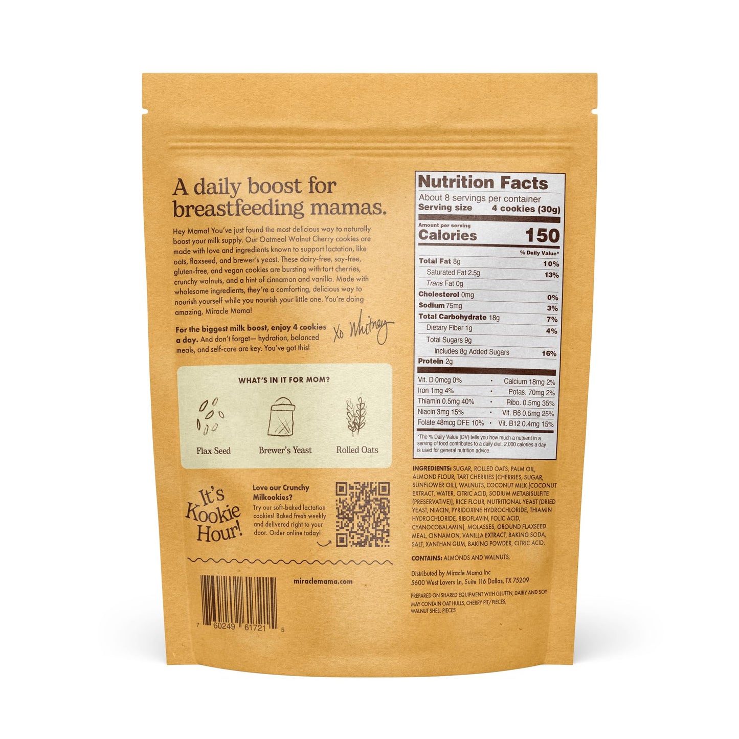 Miracle Mama Milkookies-Lactation Cookies, Oatmeal Walnut Cherry- Dairy-Free, Soy-Free, Gluten-Free, Vegan-Support Milk Supply with Oats, Flaxseed