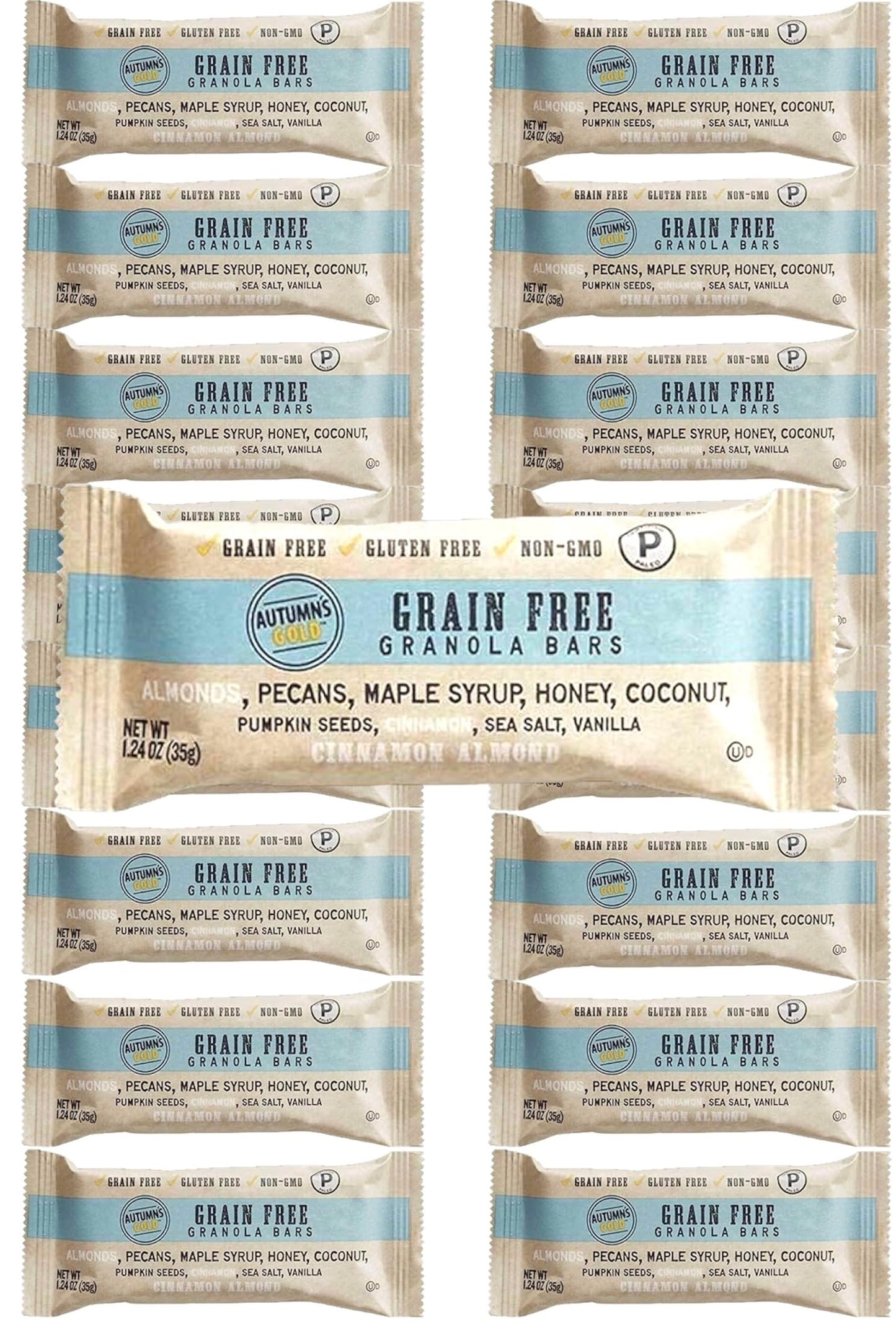 QT Limited Autumns's Gold Grain Free Cinnamon Almond Granola Bars, 1.24 oz Bars, 16 Count