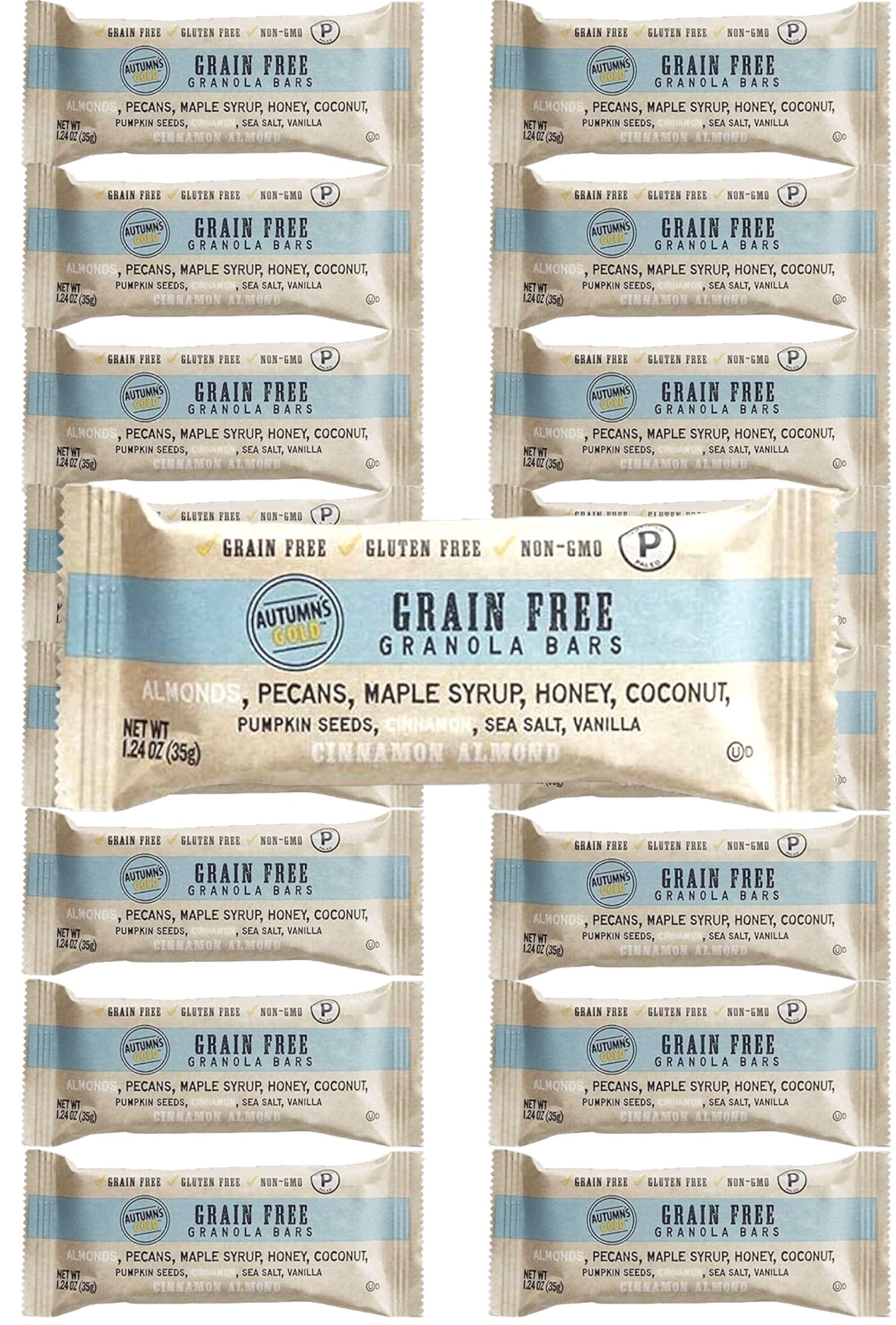 QT Limited Autumns's Gold Grain Free Cinnamon Almond Granola Bars, 1.24 oz Bars, 16 Count