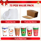 JOYIN 72 Pcs Christmas Disposable Cups with Sleeves and Lids, 4 Designs Xmas Drinkware 16 oz Paper Cup For Hot Chocolate Coffee Cold Beverage