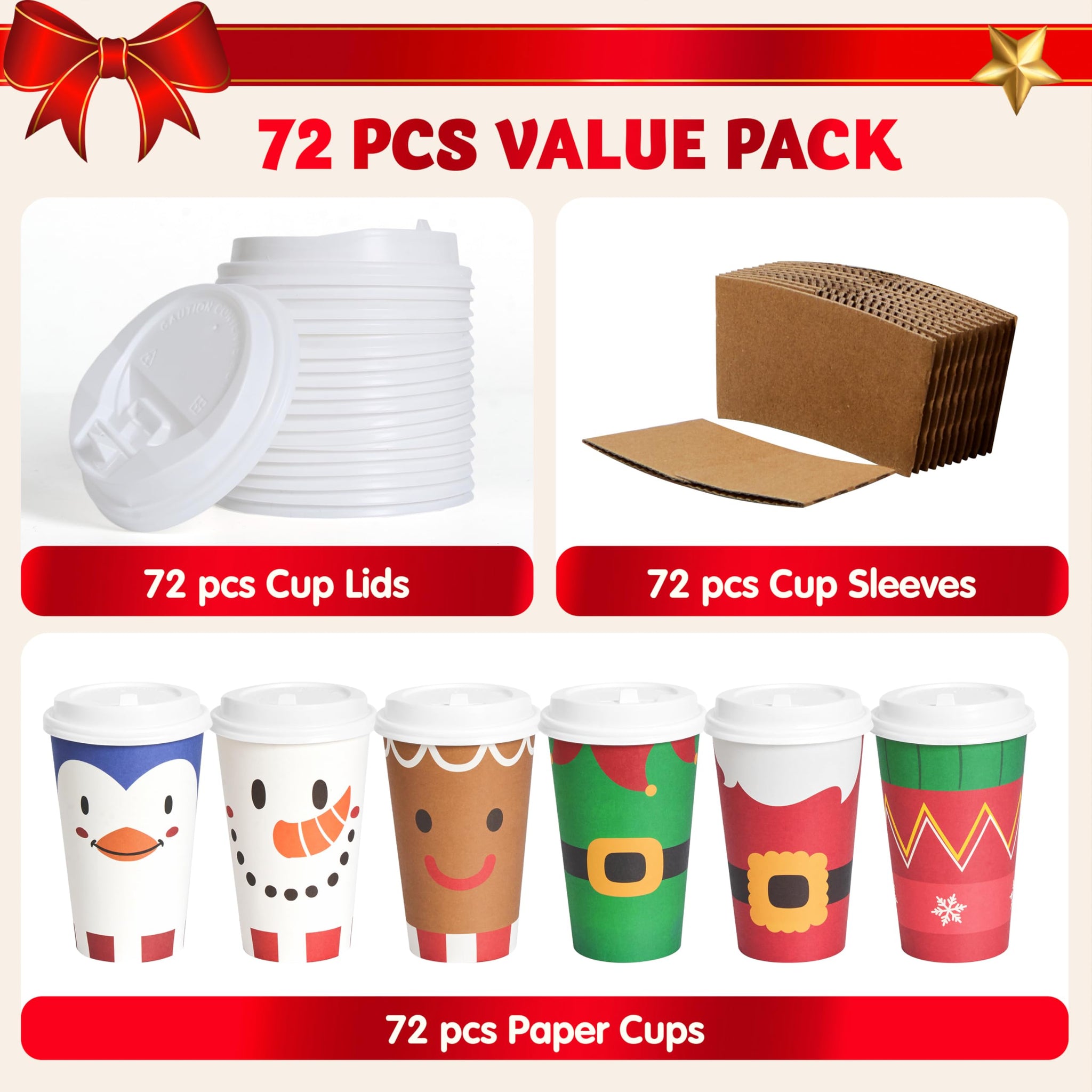 JOYIN 72 Pcs Christmas Disposable Cups with Sleeves and Lids, 4 Designs Xmas Drinkware 16 oz Paper Cup For Hot Chocolate Coffee Cold Beverage