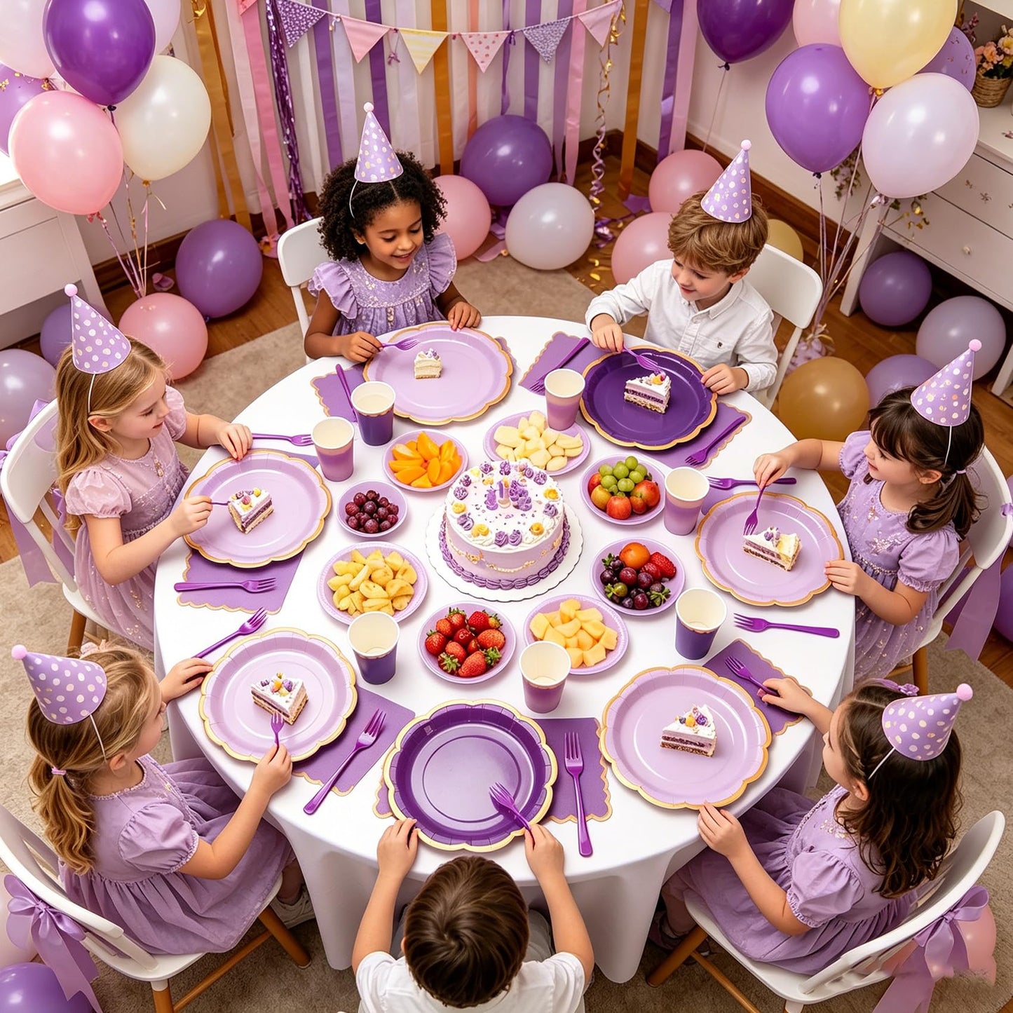 CLIYTICA Purple Paper Plates and Napkins Party Supplies Serves for 48 Guests, Disposable Gradient 9’’ Scalloped Lavender and Gold Plates Tableware Set