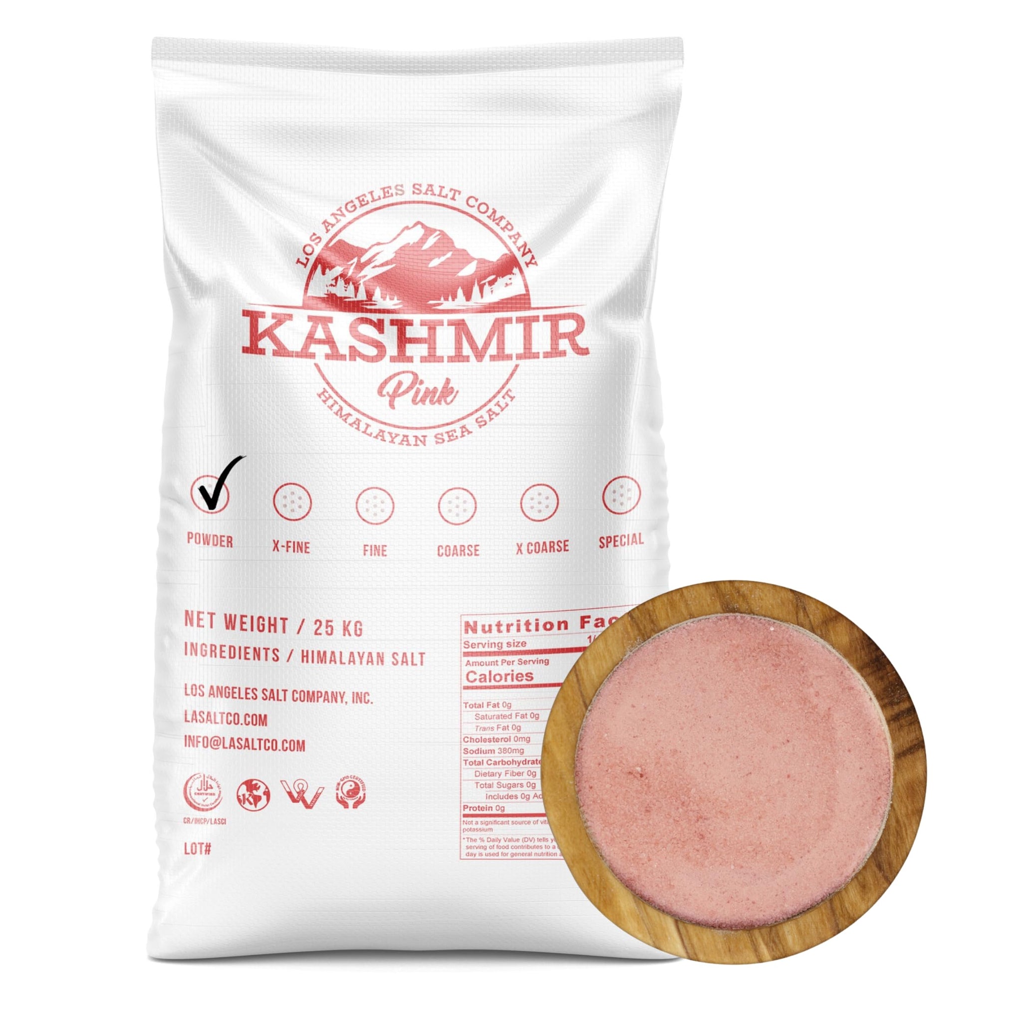 LA Salt's Kashmir Pink® Himalayan Salt, Powder Grain (0.1-0.3mm), 55 Pound Bulk Bag