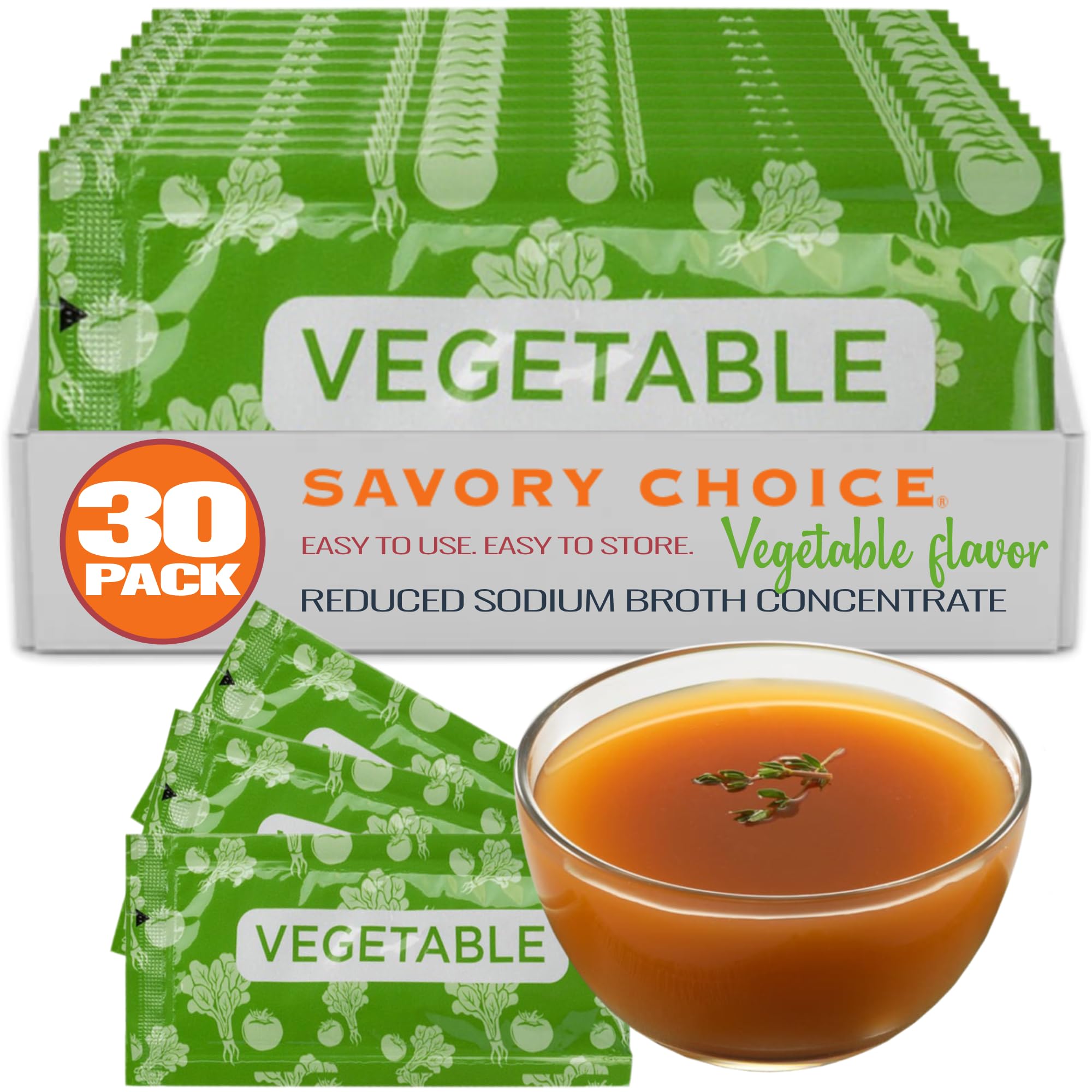 SAVORY CHOICE Reduced Sodium Vegetable Broth Concentrate, 30 Packets (9.6g) - Gluten-Free, Diary-Free, Vegan, Vegetarian Broth Concentrate