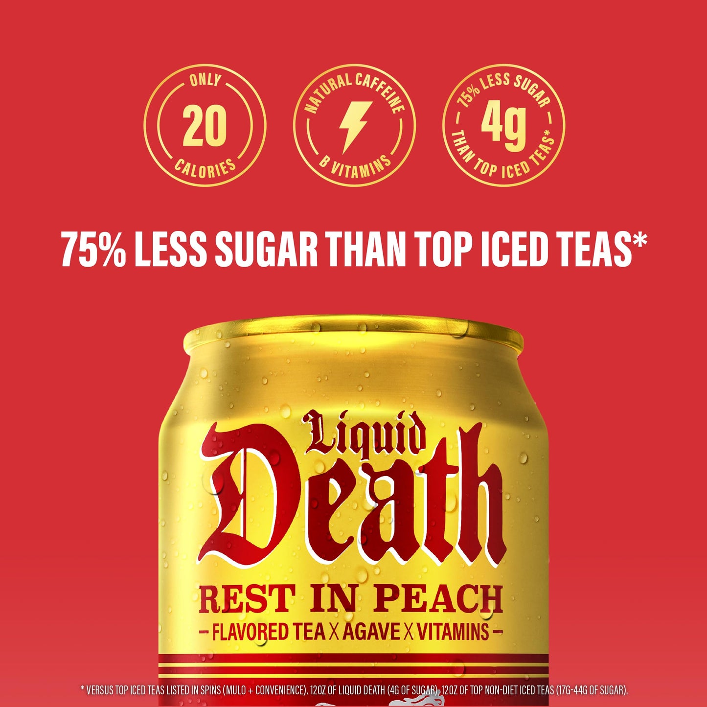 Liquid Death Iced Tea - Rest In Peach (Peach-Flavored Black Tea), Less Sugar*, Boost of Caffeine, B Vitamins, No Artificial Sweeteners, 12 Fl Oz (Pack