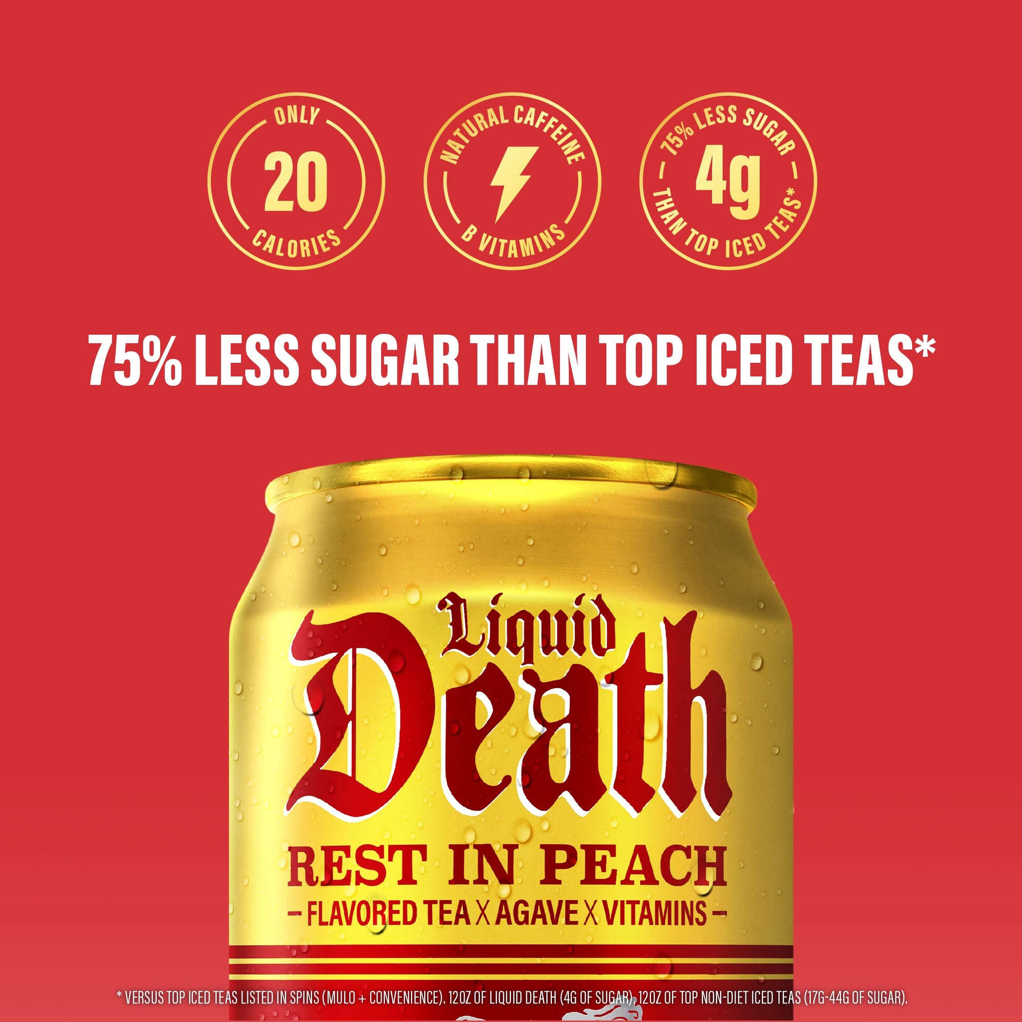 Liquid Death Iced Tea - Rest In Peach (Peach-Flavored Black Tea), Less Sugar*, Boost of Caffeine, B Vitamins, No Artificial Sweeteners, 12 Fl Oz (Pack