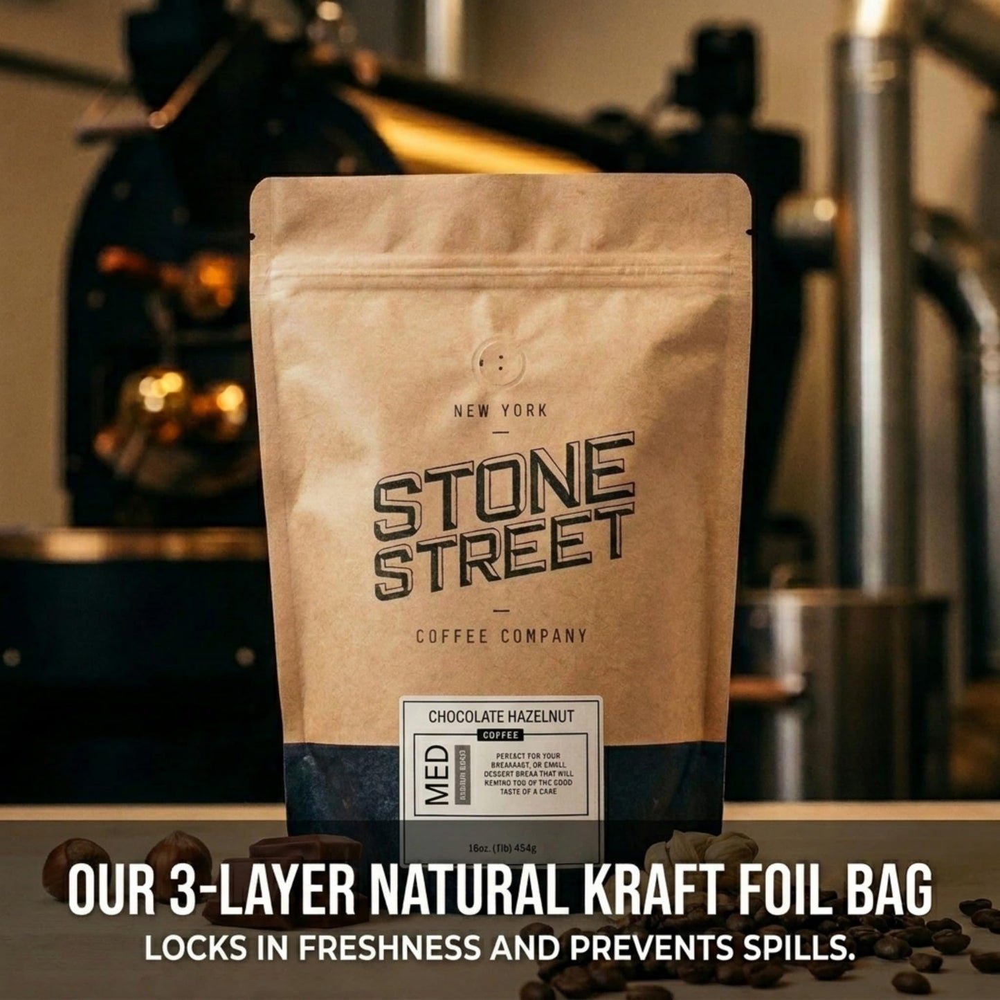 Stone Street Flavored Ground Coffee, Chocolate Hazelnut, Freshly Roasted, 100% Colombian Arabica, Gourmet Coffee, Medium Roast, Sweet Chocolately
