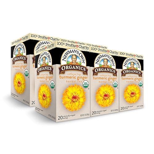 Newman's Own Organic Turmeric Ginger Herbal Tea, Caffeine-Free, Savory & Spicy Flavors Combined For The Perfect Cup Of Tea, 6 Pack Of 20 Tea Bags