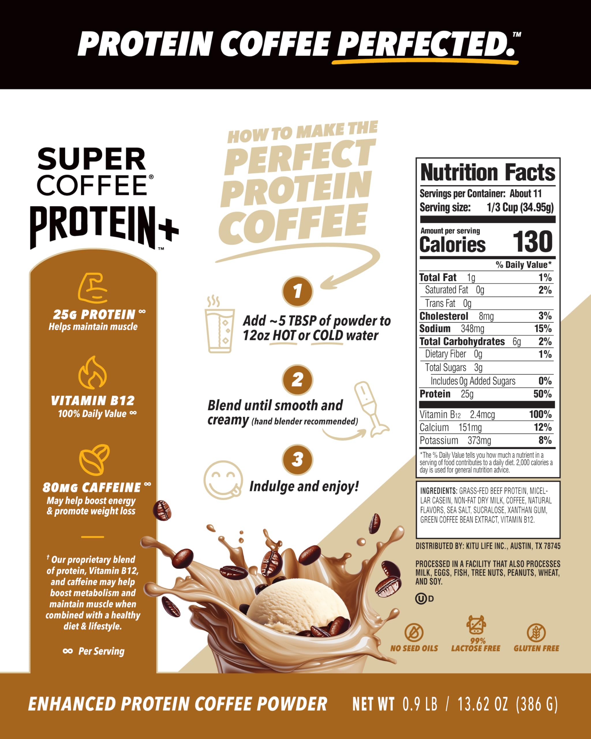 SUPER COFFEE Protein+, Instant Protein Coffee (0g Added Sugar, 25g Protein, 130 Calories),14 Oz | Keto Iced Smart Coffee Drinks (Vanilla)