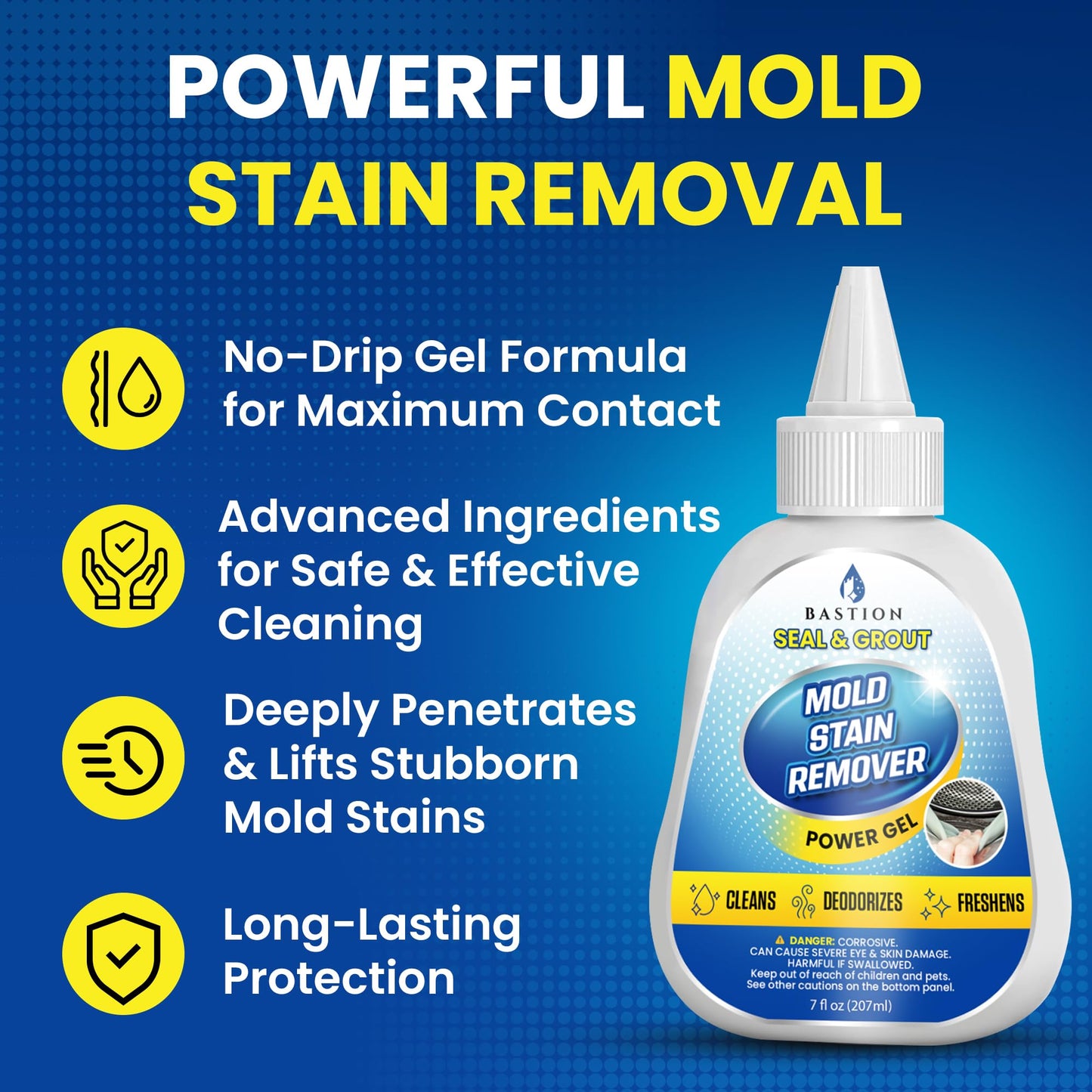 Bastion Mold Stain Remover Power Gel Cleaner Heavy Duty Cleaning Solution for Front Loader Washing Machine Seal, Bathroom Grout, Shower, Caulk (7 fl
