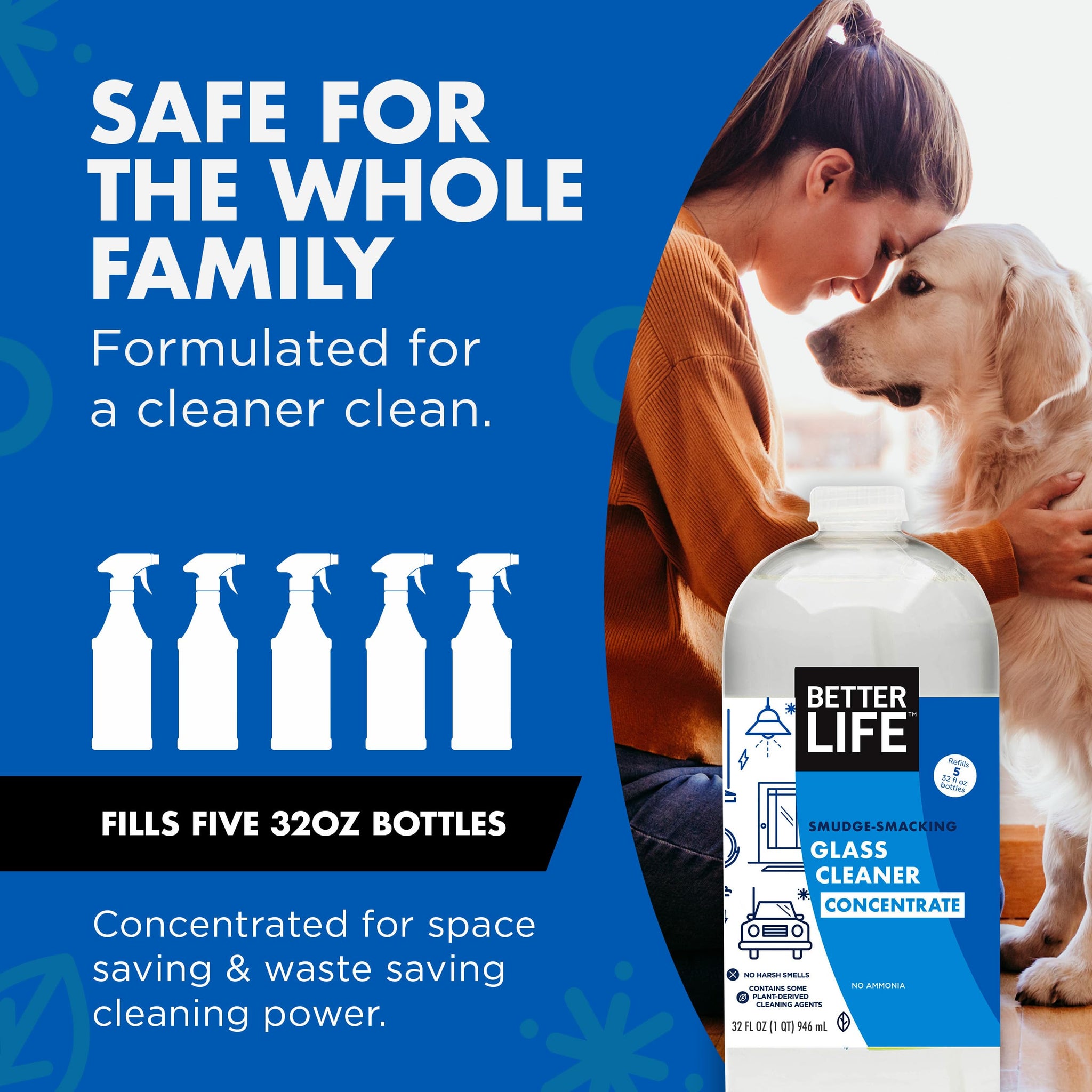BETTER LIFE Glass Cleaner Concentrate - Streak-Free Window Cleaner for Home, Kitchen, Bathroom, Shower, Car - Works on Glass, Windows, Mirrors, Light