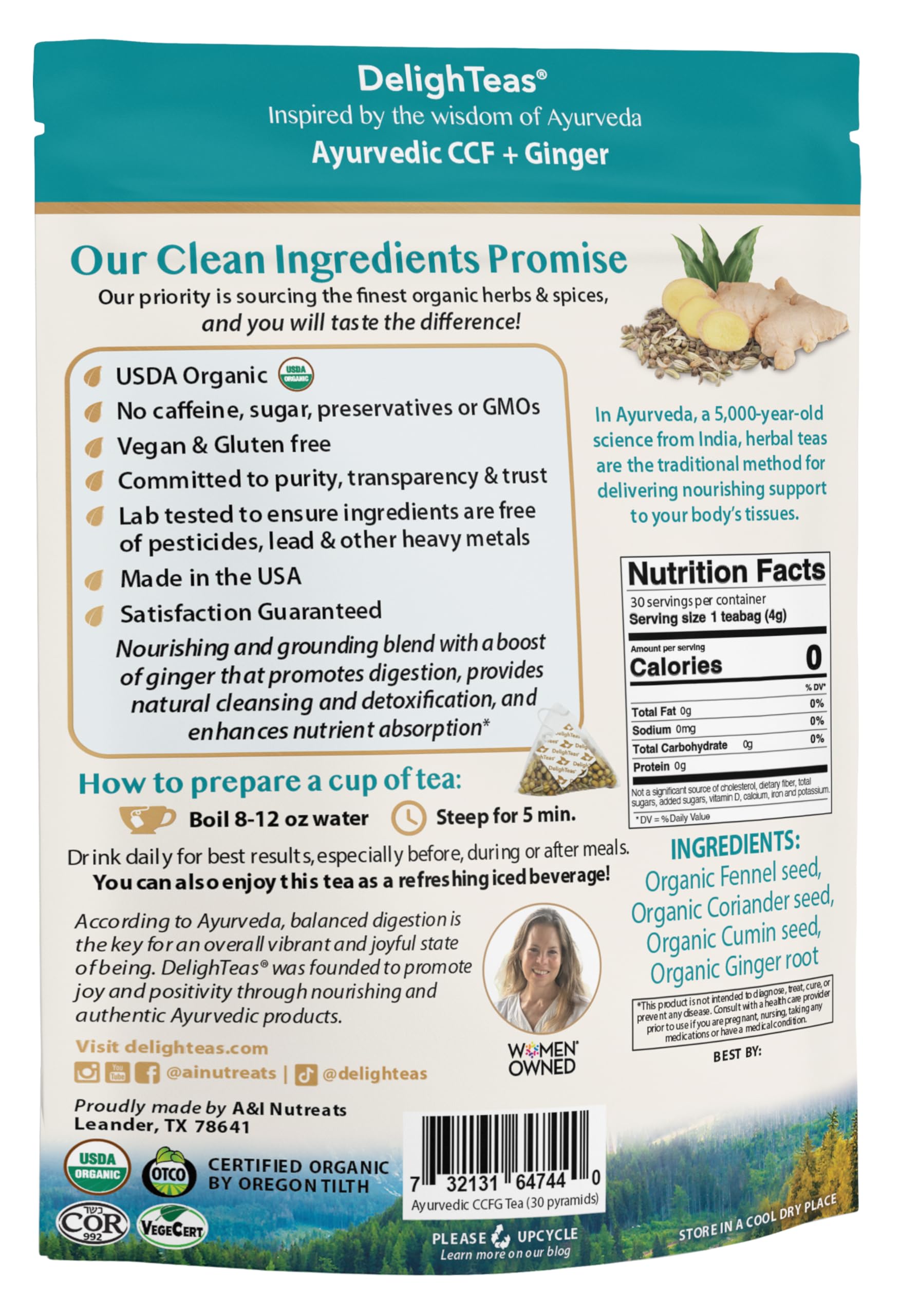 DelighTeas Organic Digest & Detox CCF Tea with Ginger | Eco-Conscious Pyramid Tea Bags | Ayurvedic Cumin Coriander Fennel Ginger Tea | USDA Organic